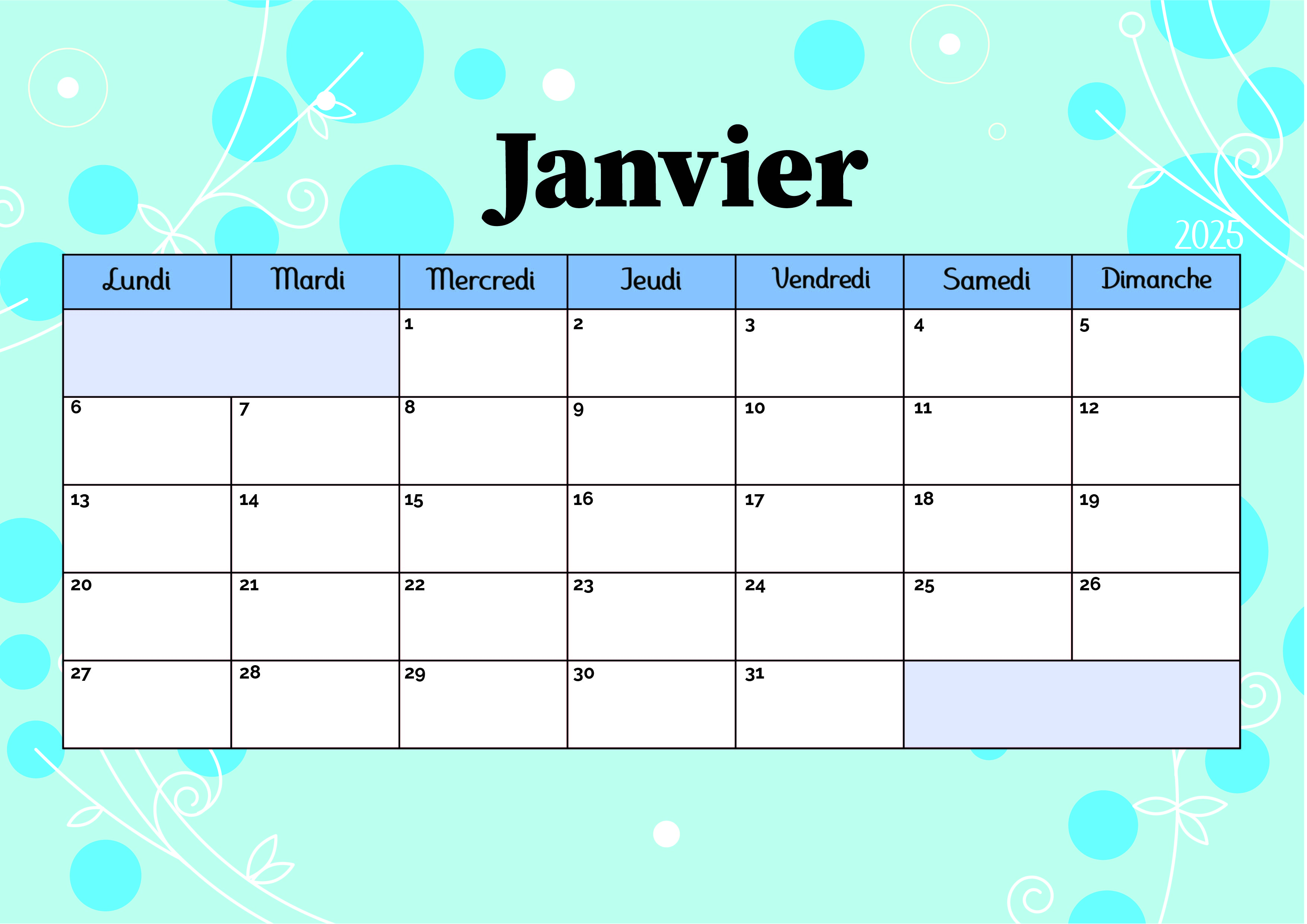 Calendrier de Janvier 2025 à imprimer en PDF