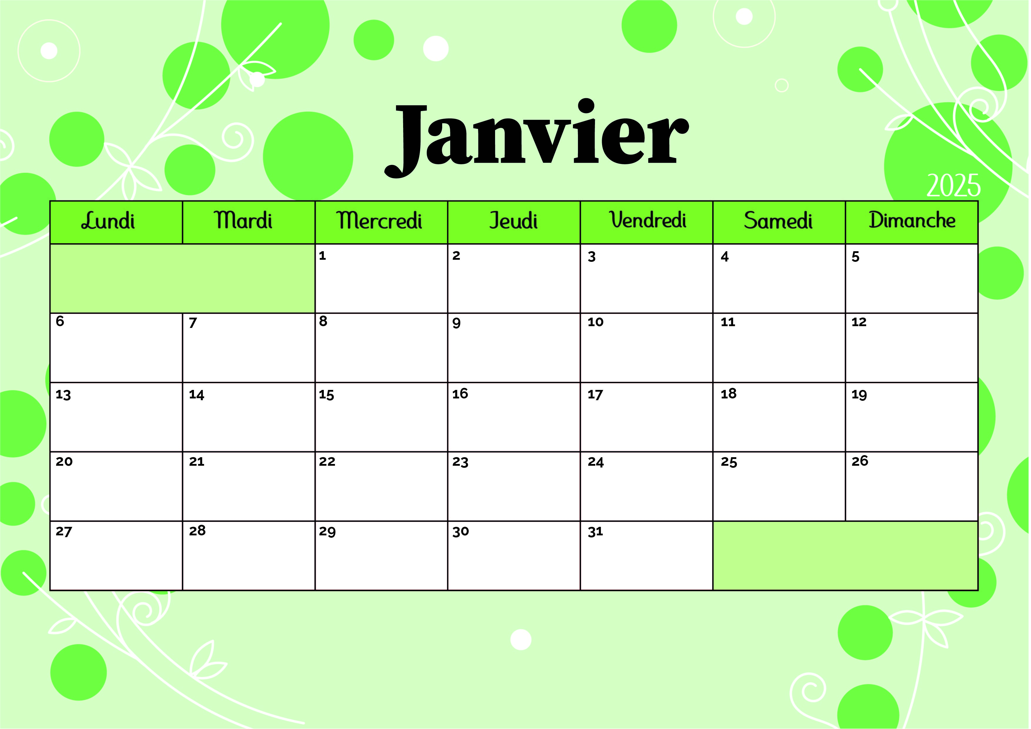 Calendrier de Janvier 2025 à imprimer en PDF