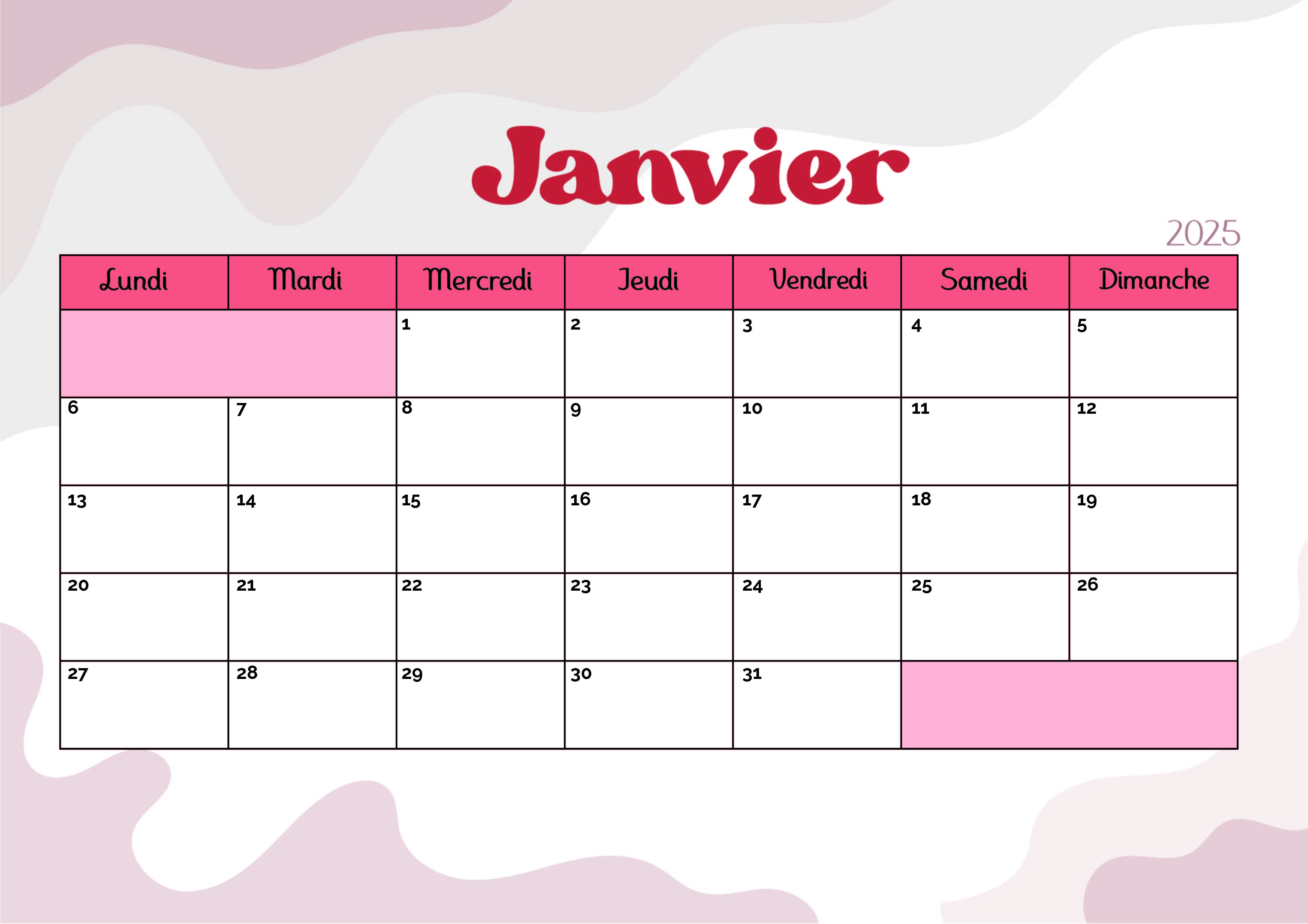 Calendrier de Janvier 2025 à imprimer en PDF