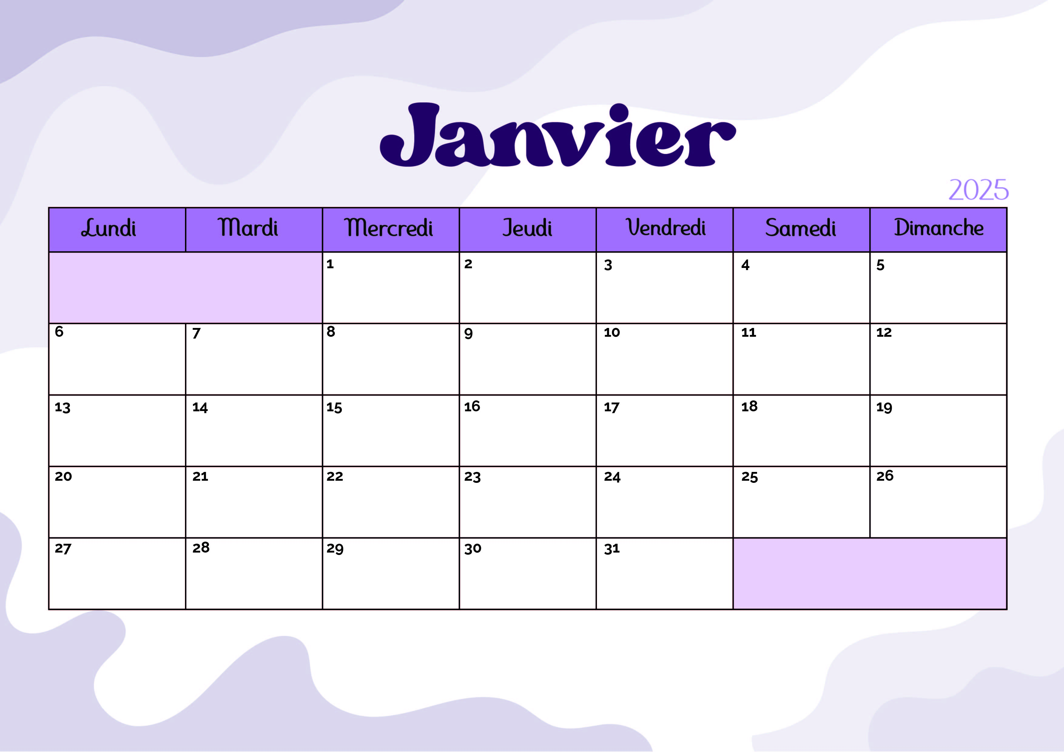 Calendrier de Janvier 2025 à imprimer en PDF