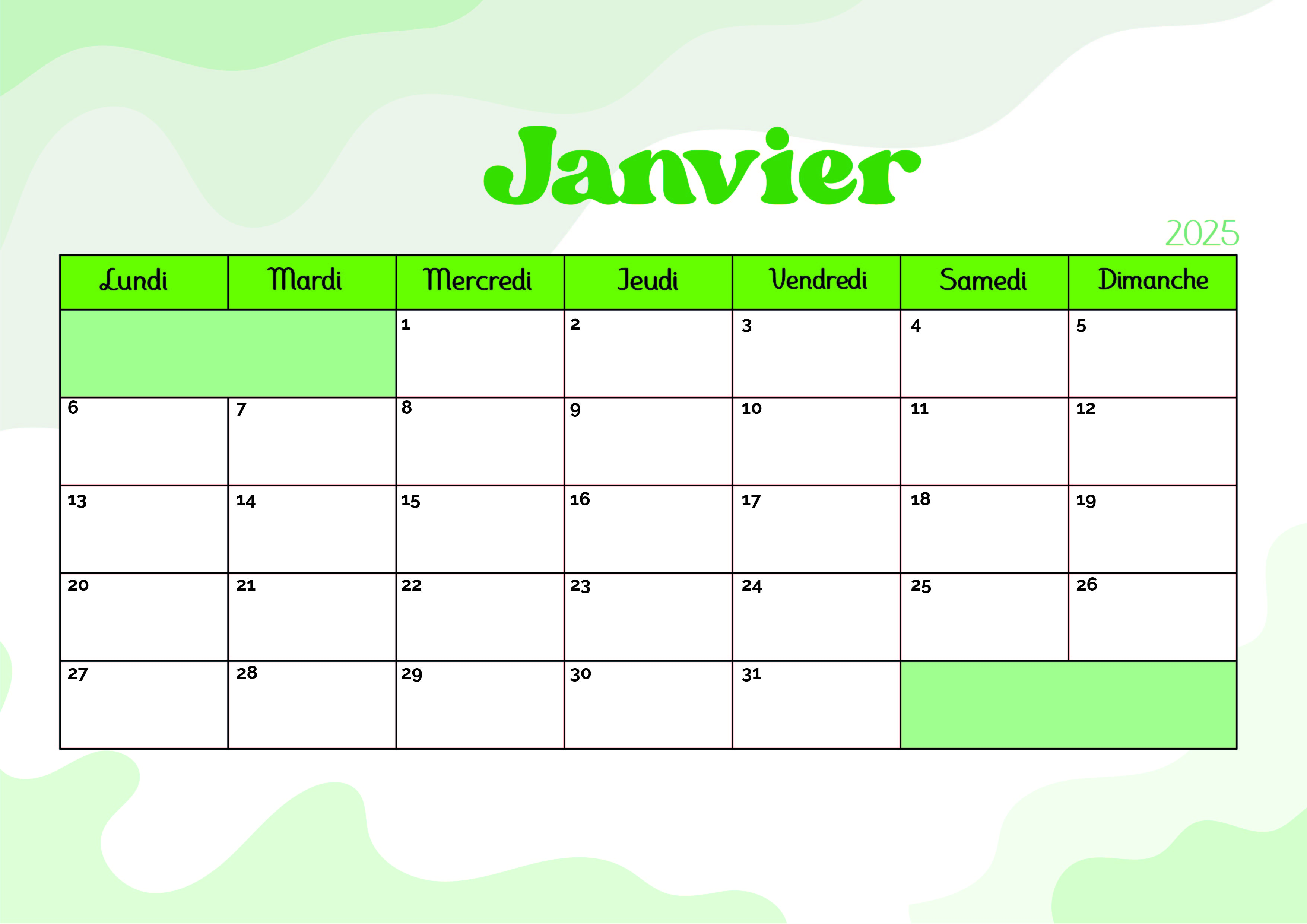 Calendrier de Janvier 2025 à imprimer en PDF