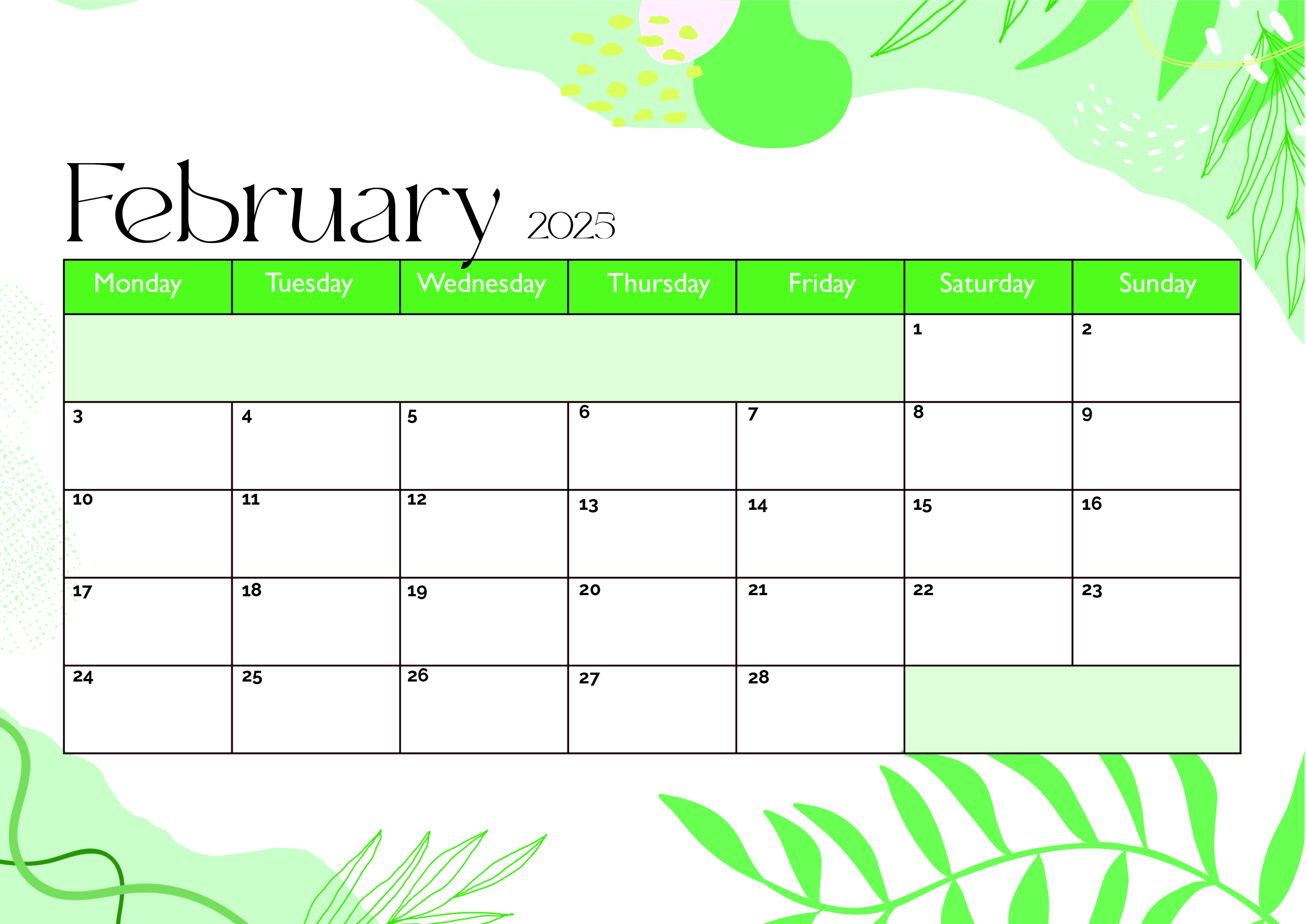 February 2025 Calendar for Printing in PDF