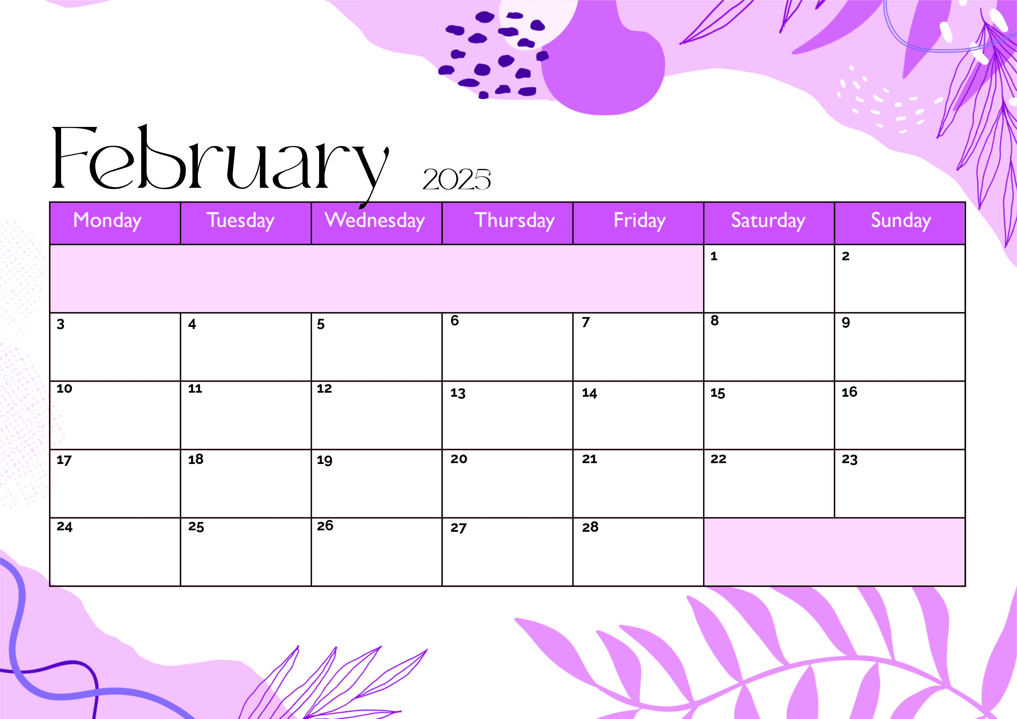 February 2025 Calendar for Printing in PDF