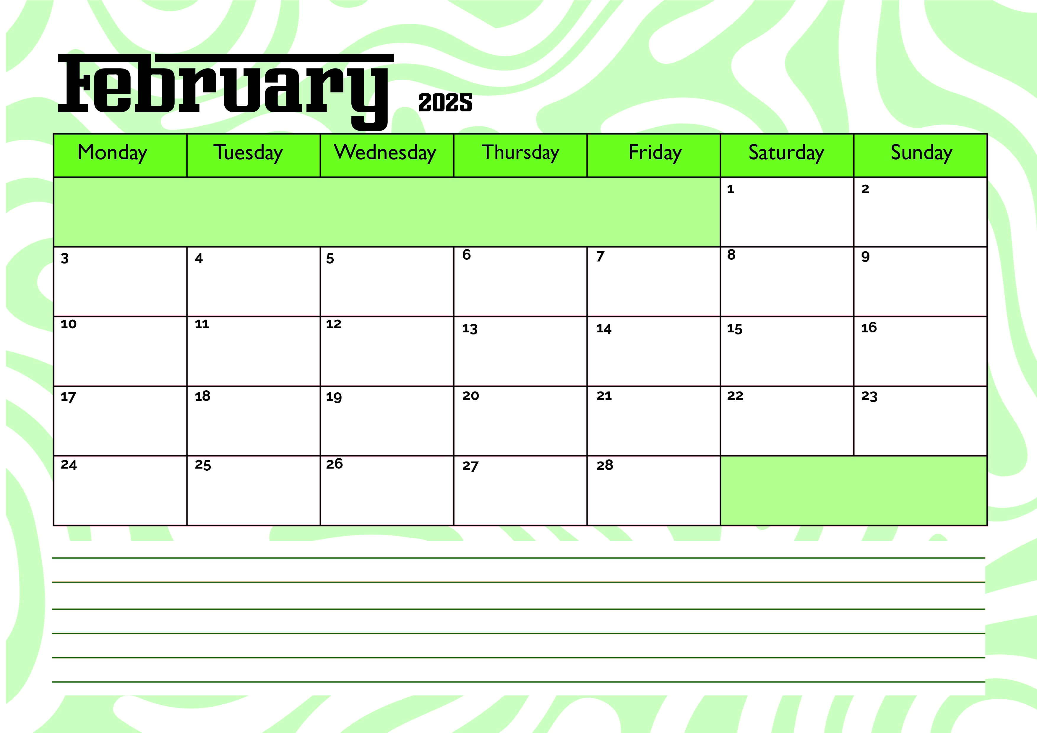 February 2025 Calendar for Printing in PDF