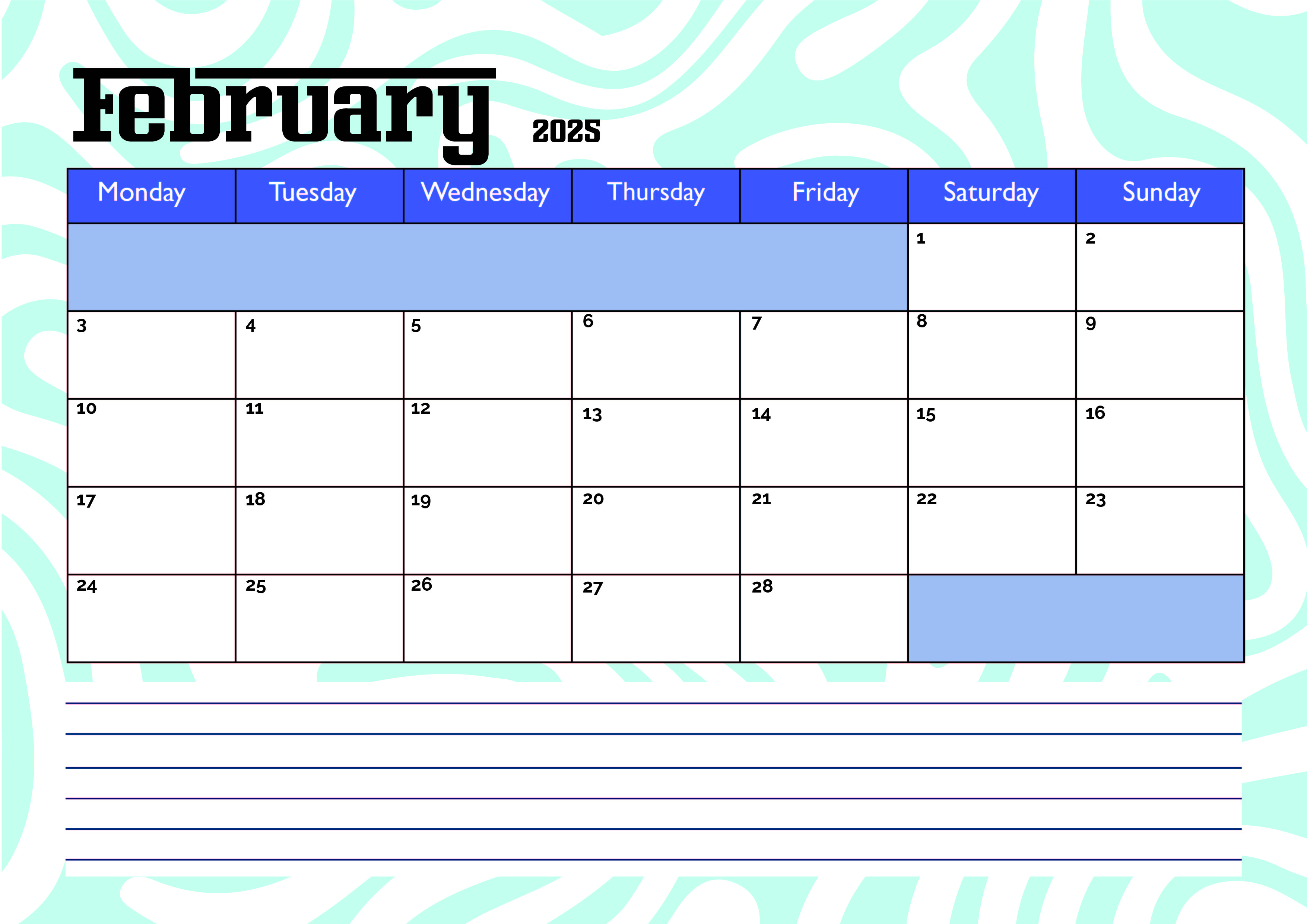 February 2025 Calendar for Printing in PDF