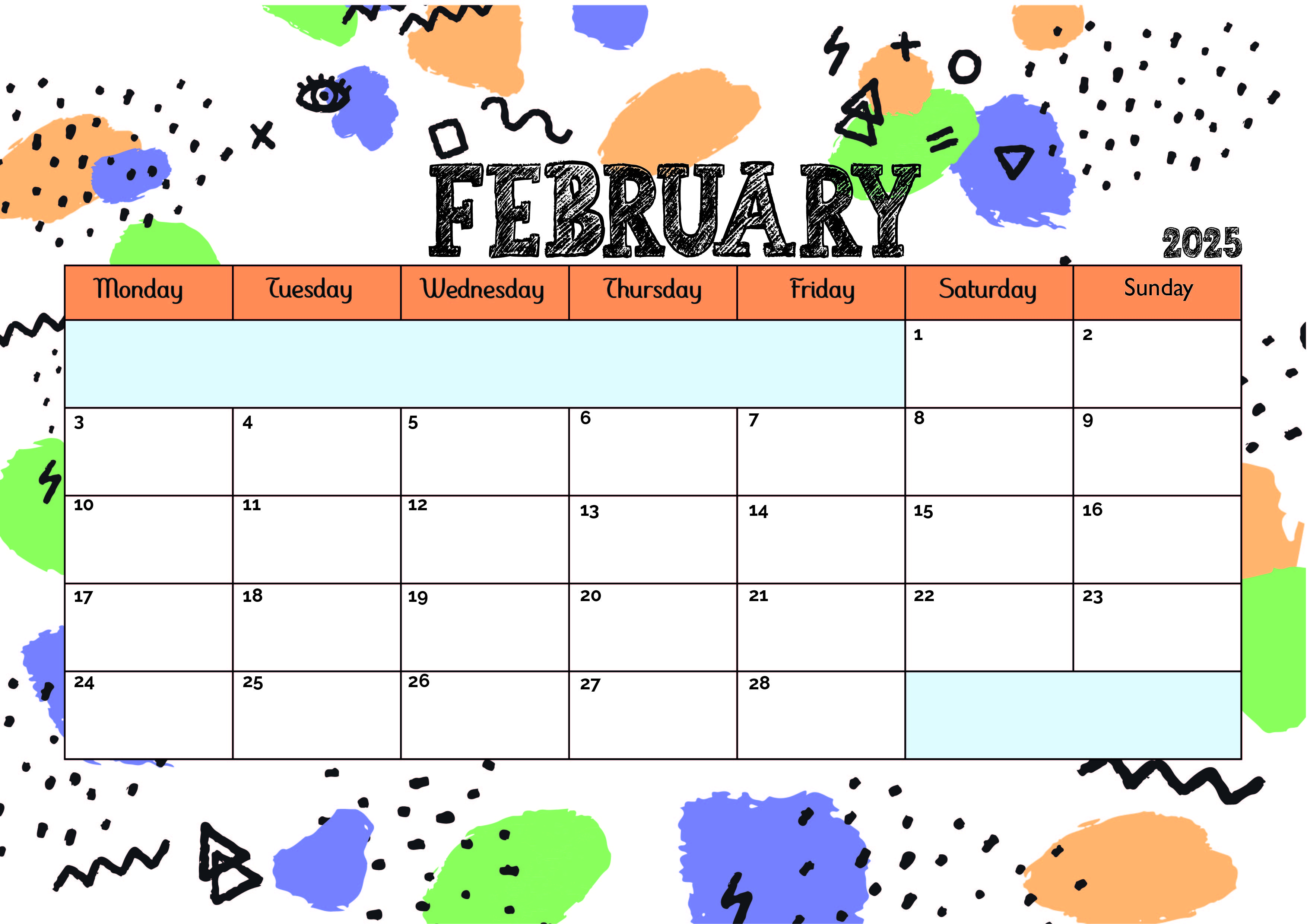 February 2025 Calendar for Printing in PDF