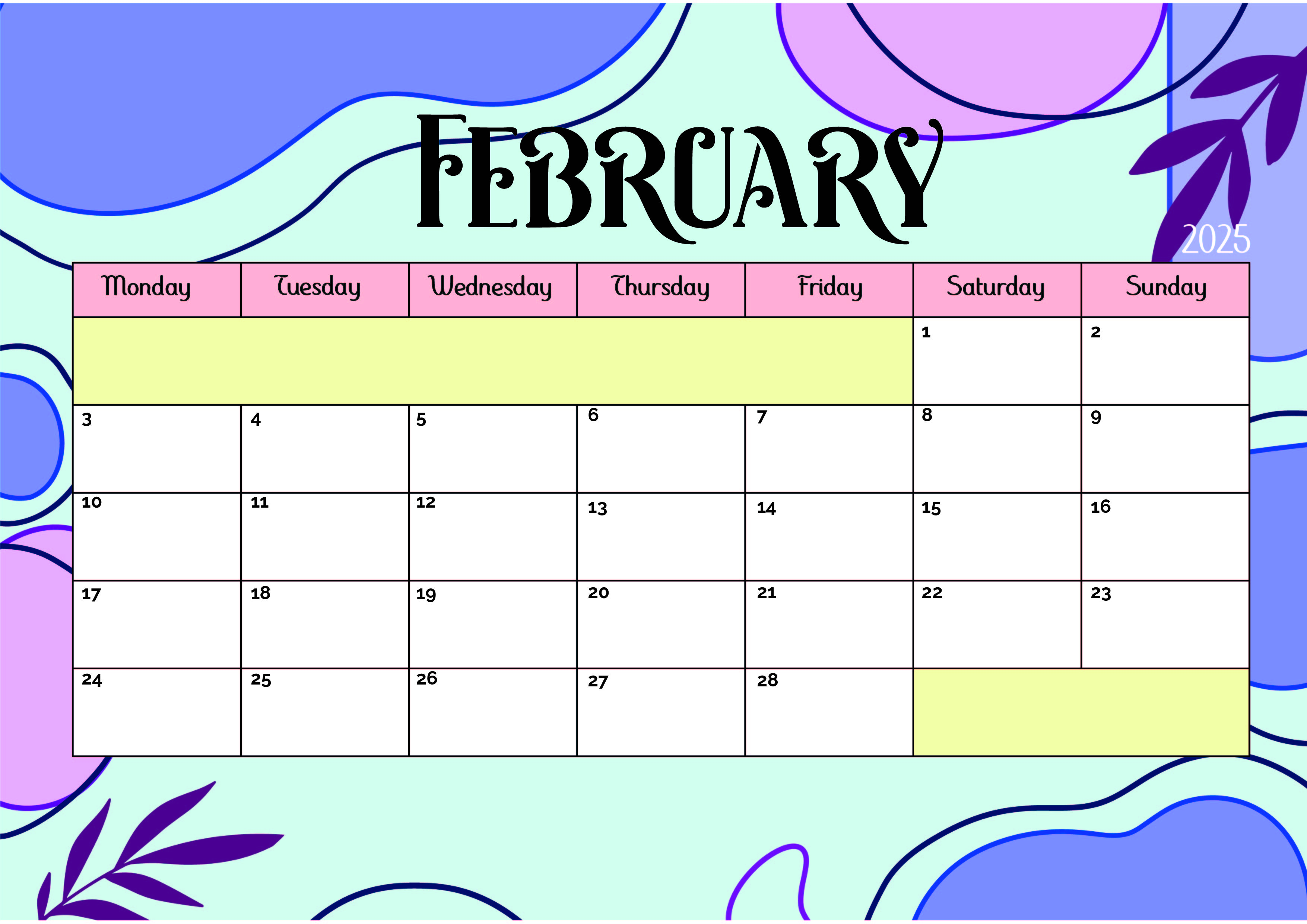 February 2025 Calendar for Printing in PDF