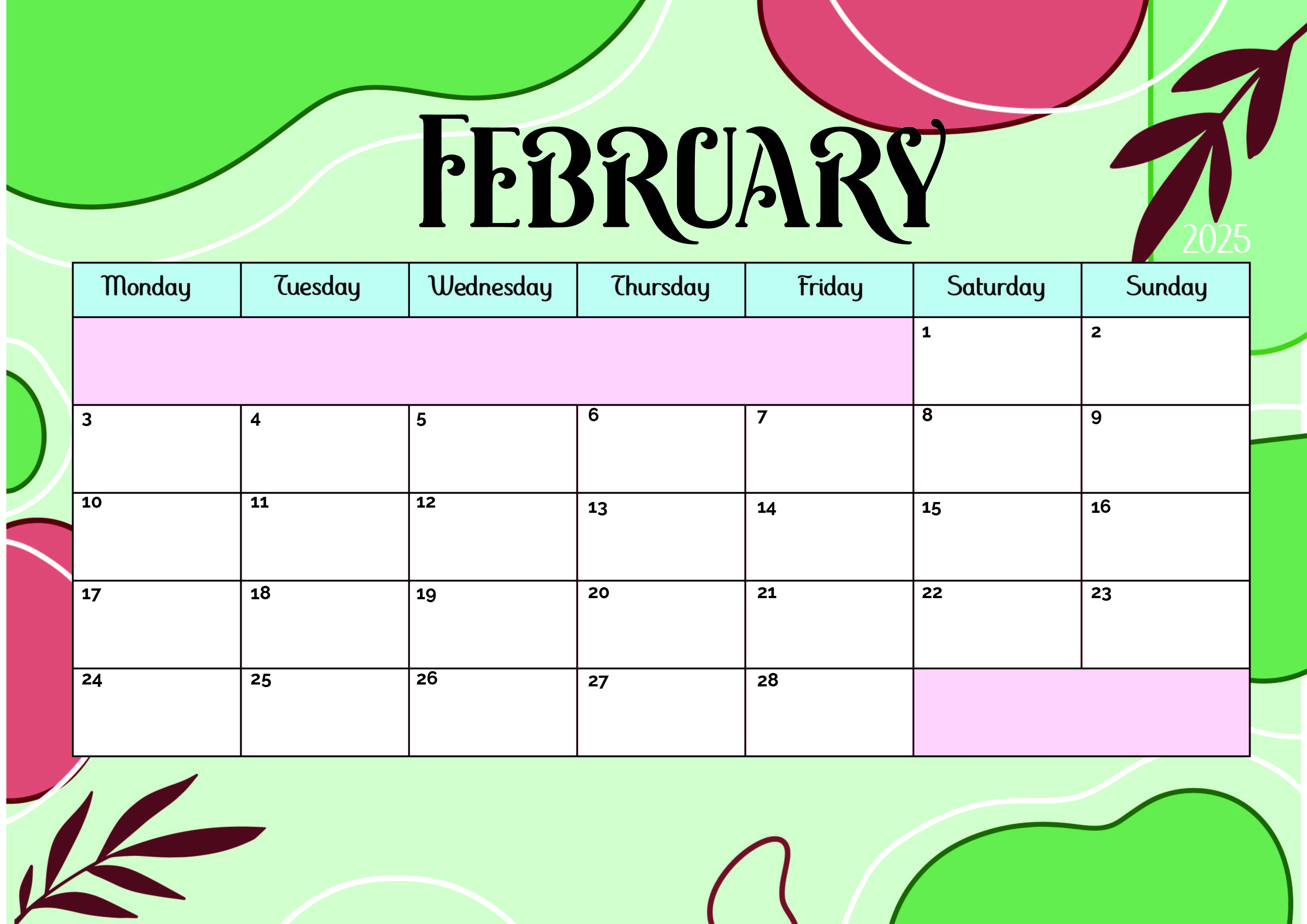 February 2025 Calendar for Printing in PDF