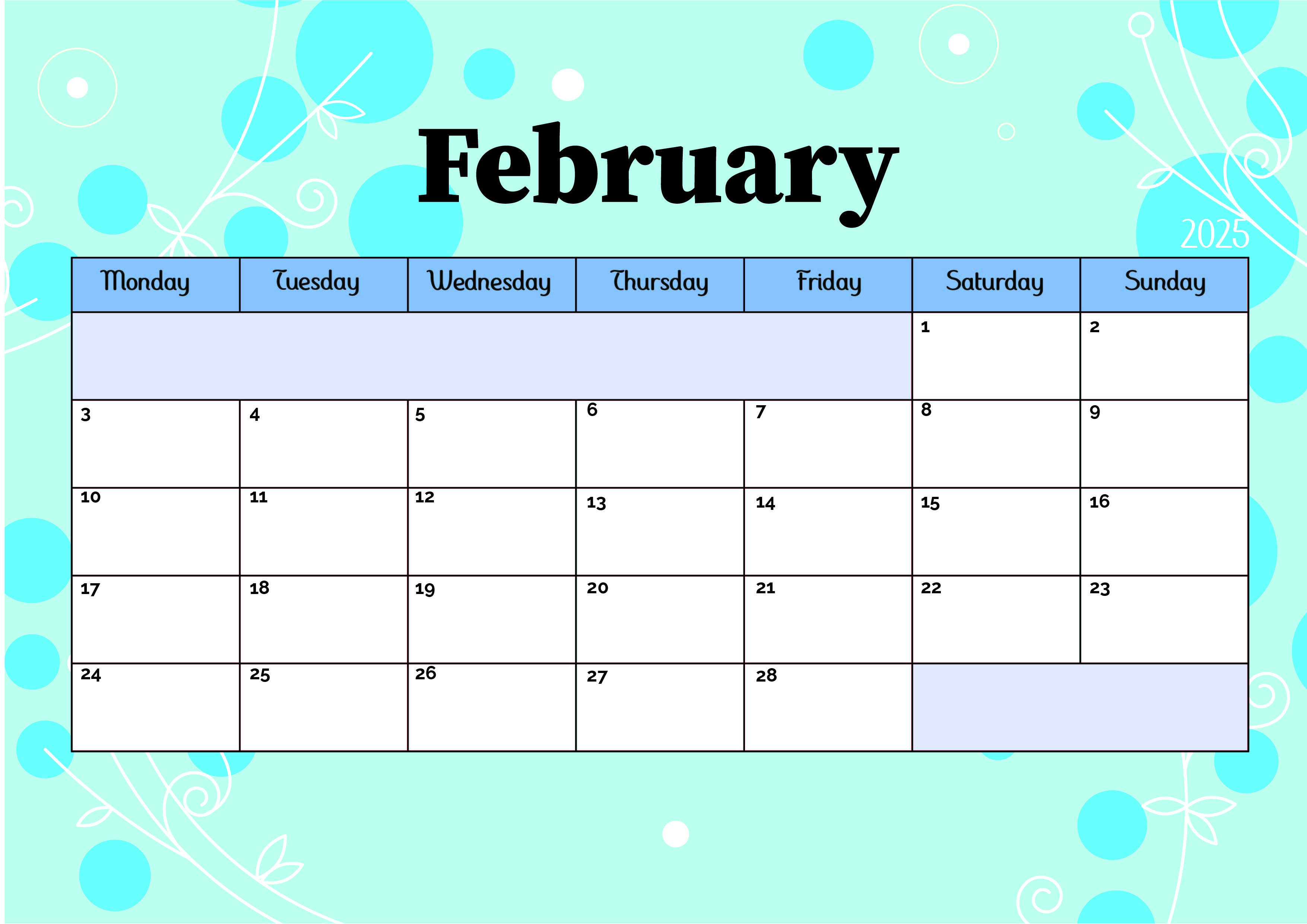 February 2025 Calendar for Printing