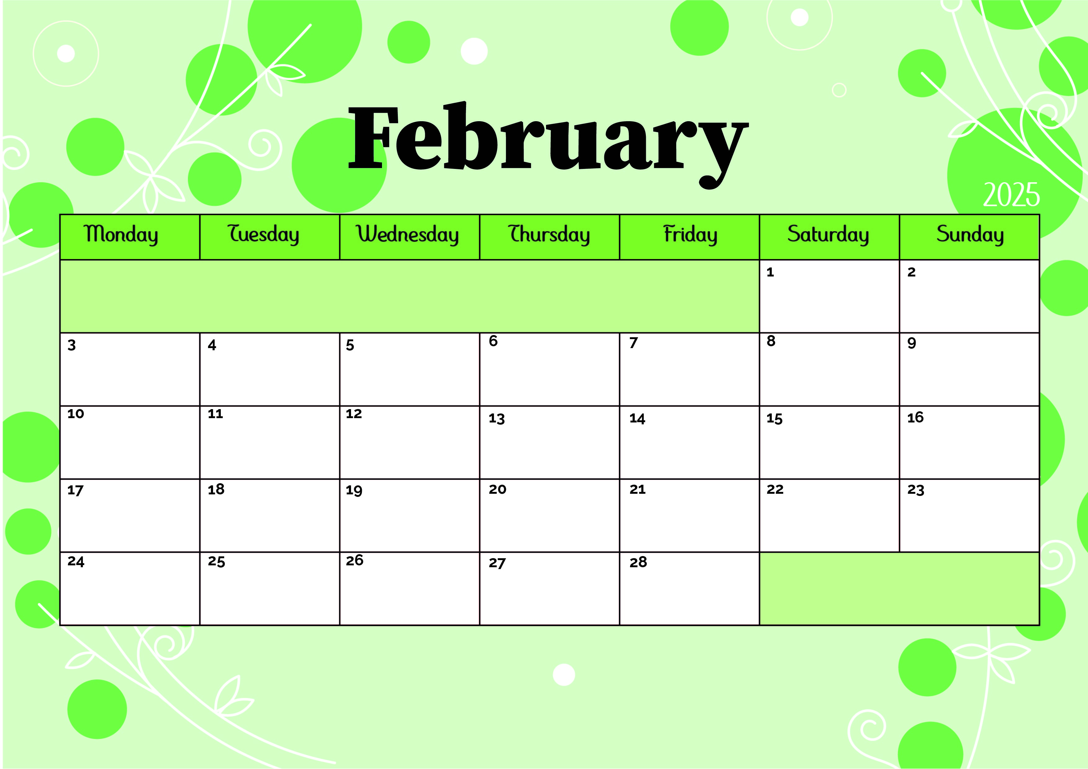 February 2025 Calendar for Printing