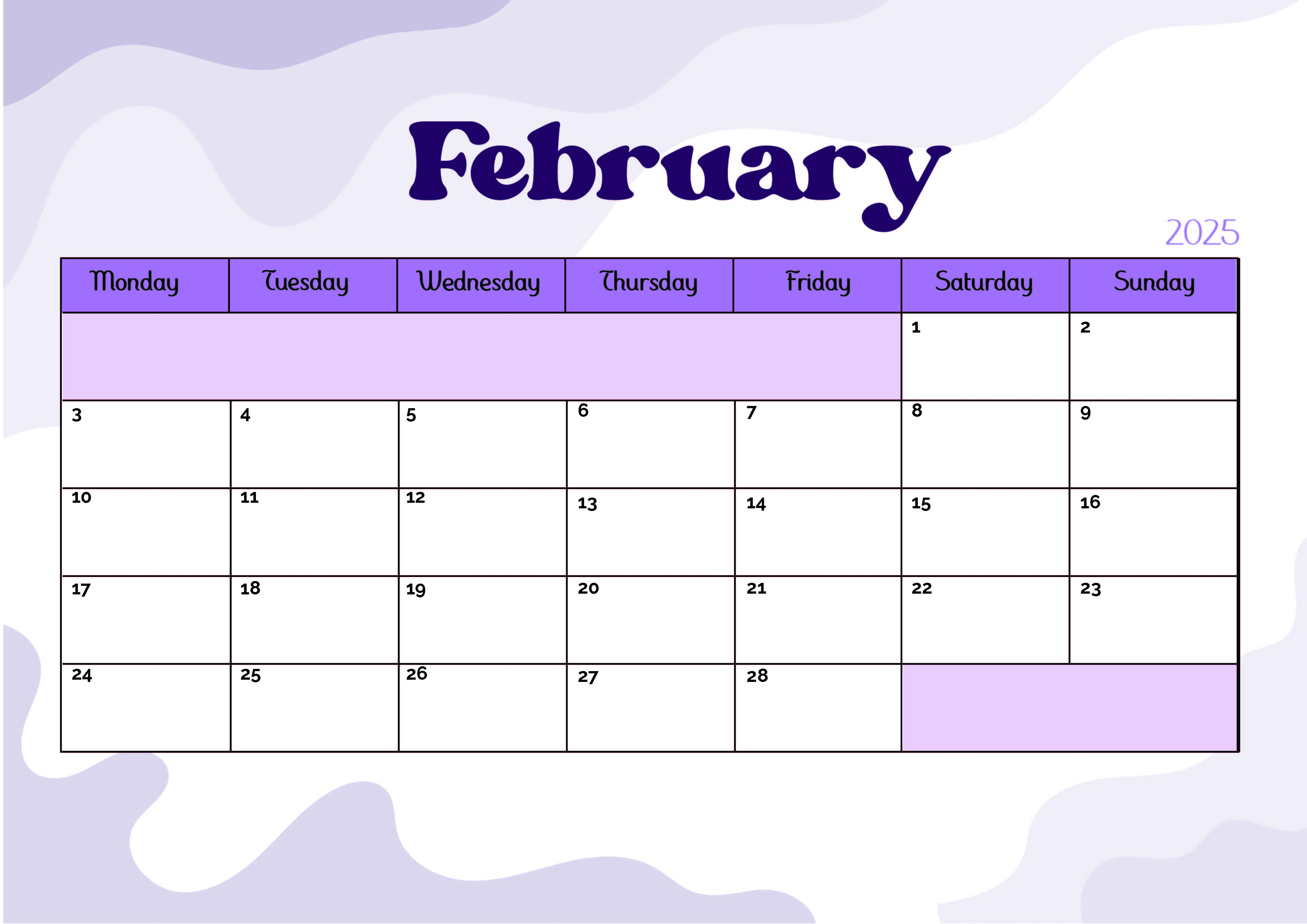 February 2025 Calendar for Printing in PDF