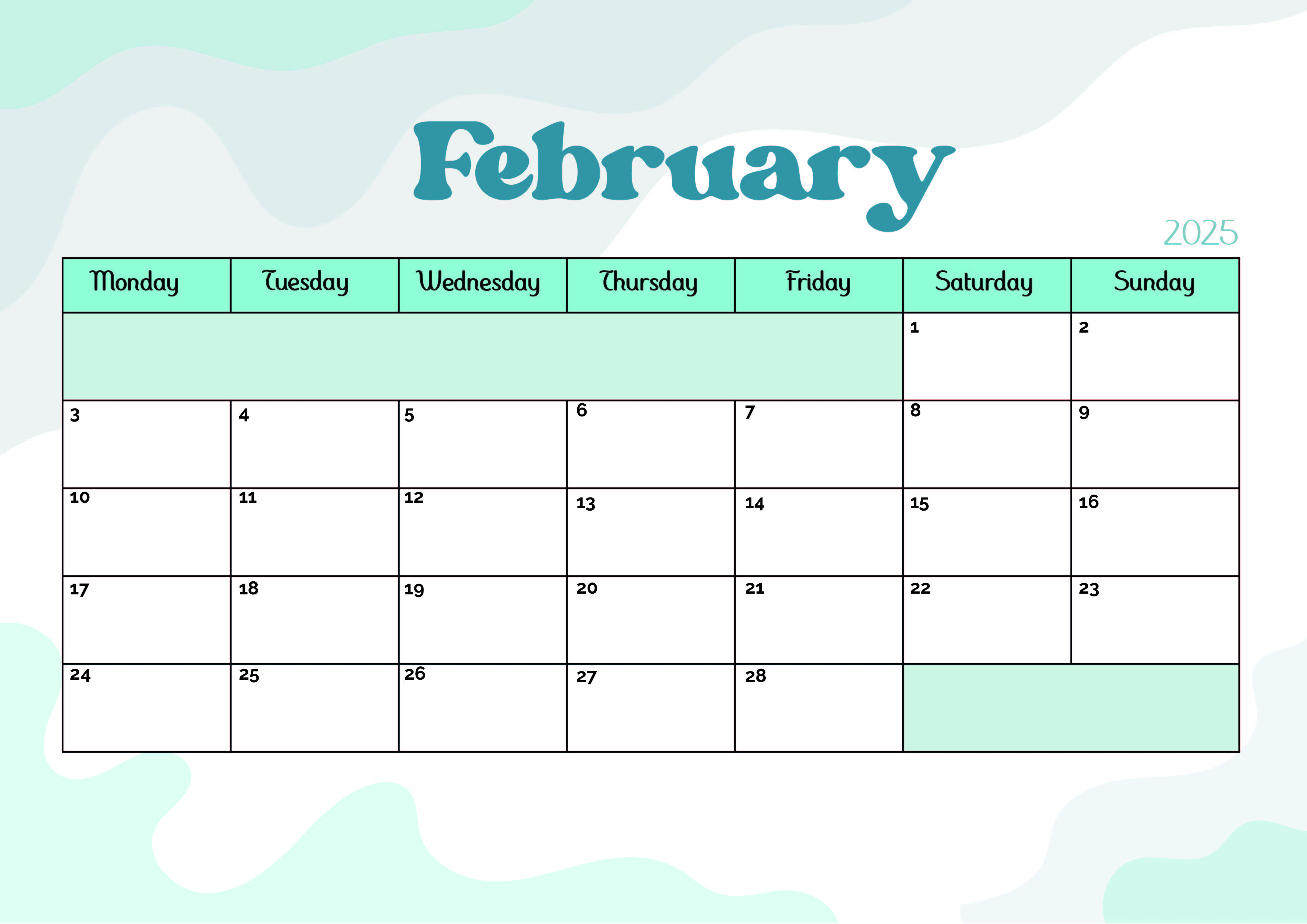 February 2025 Calendar for Printing