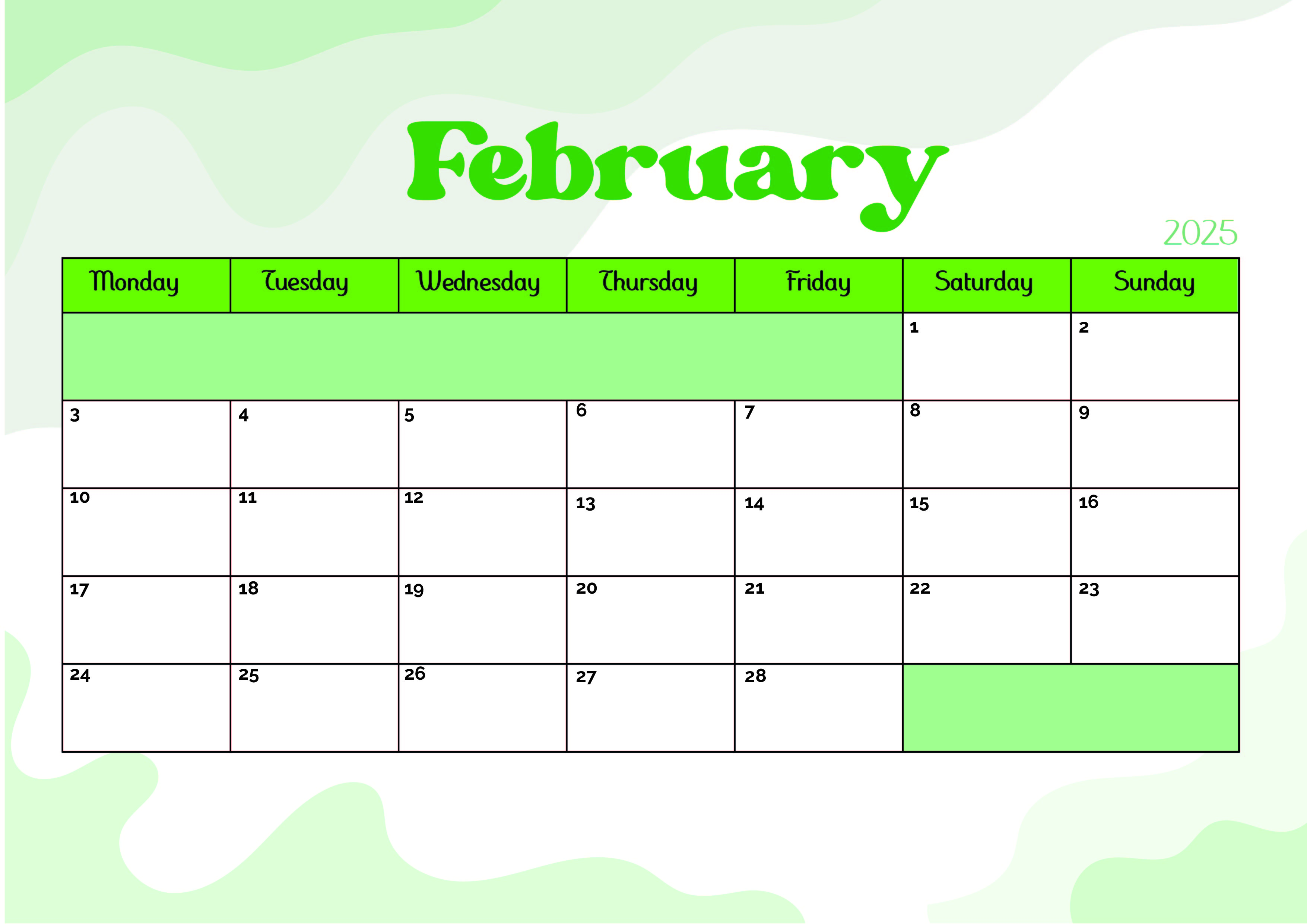 February 2025 Calendar for Printing in PDF