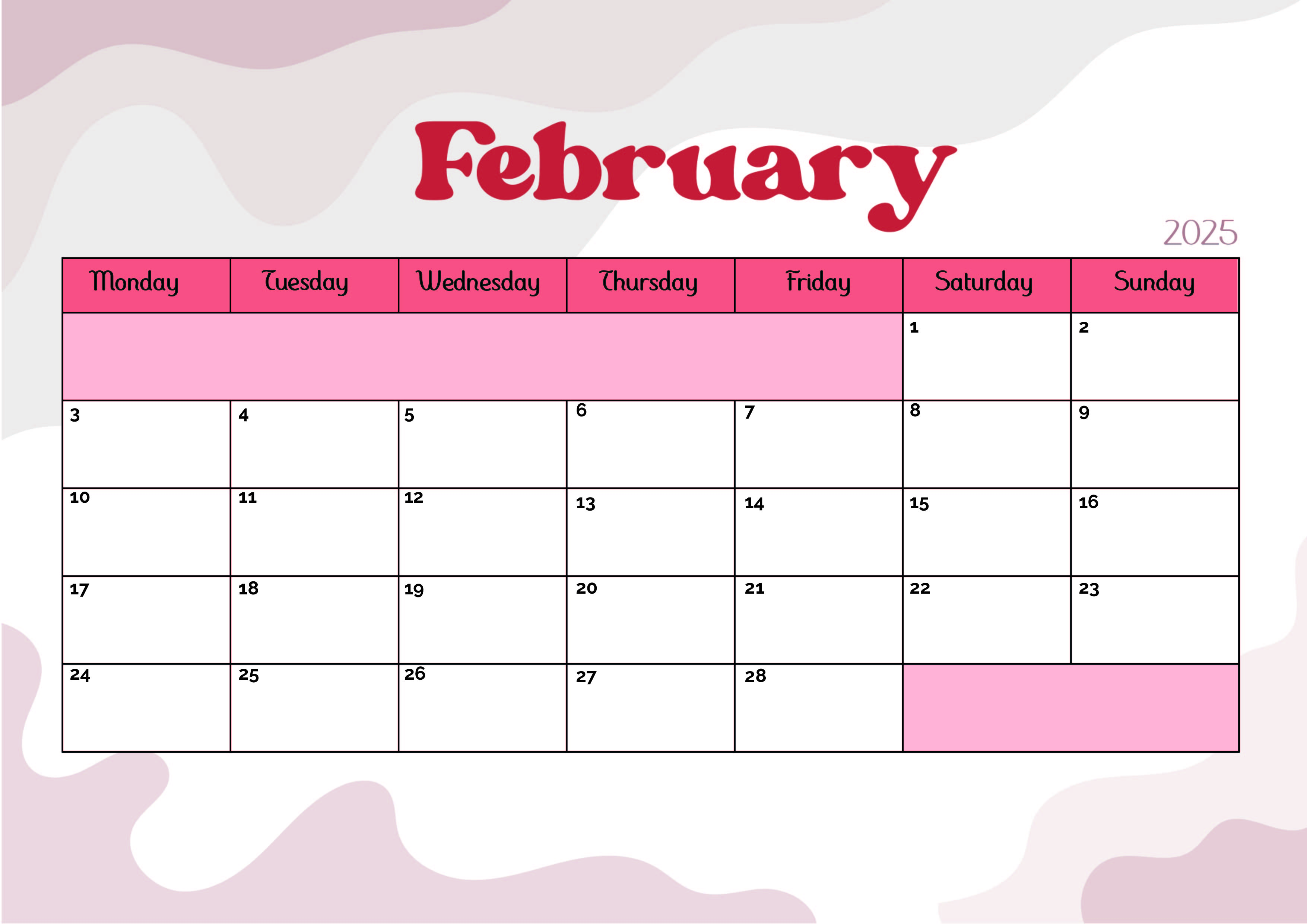 February 2025 Calendar for Printing