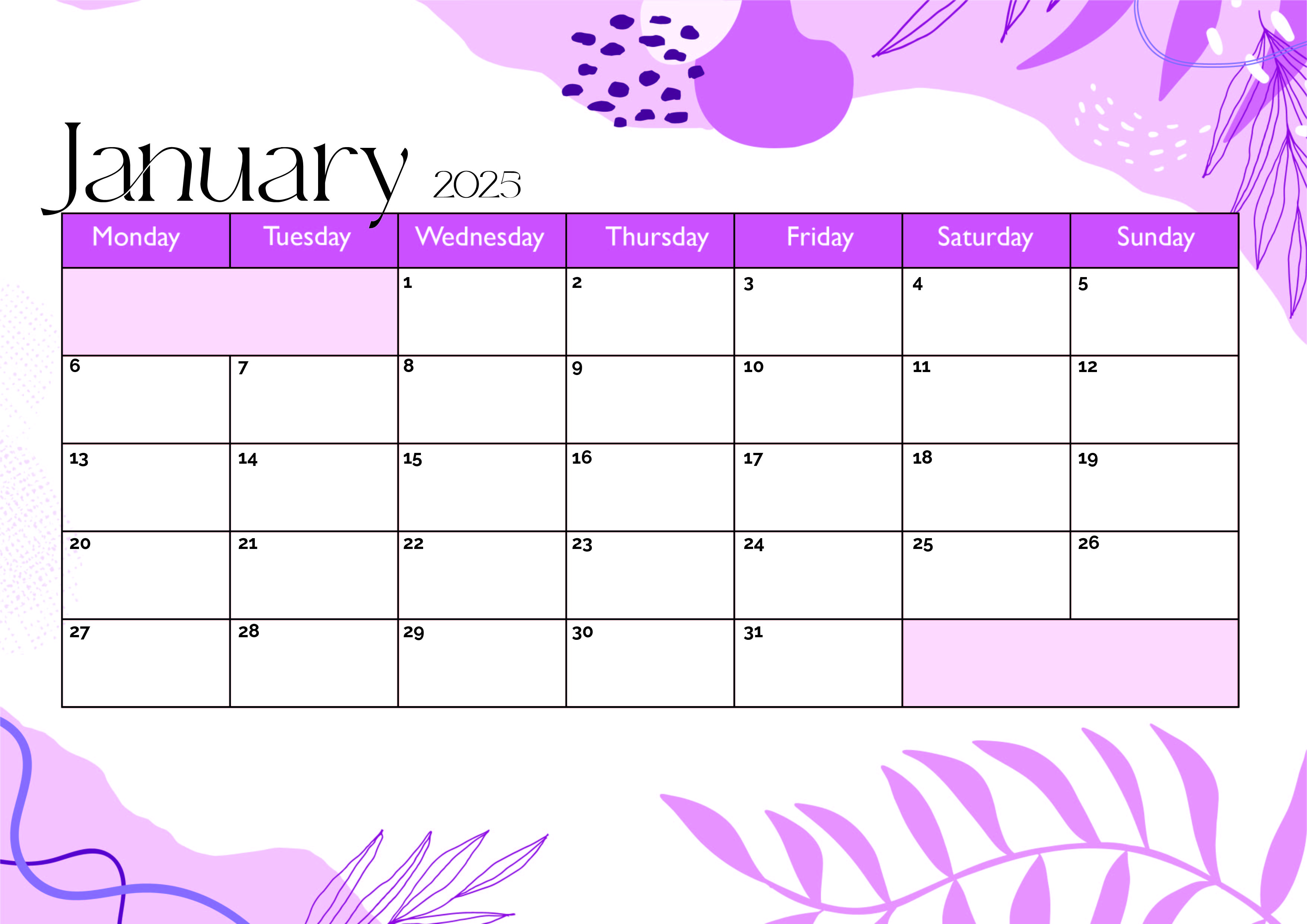 January 2025 Calendar for Printing in PDF