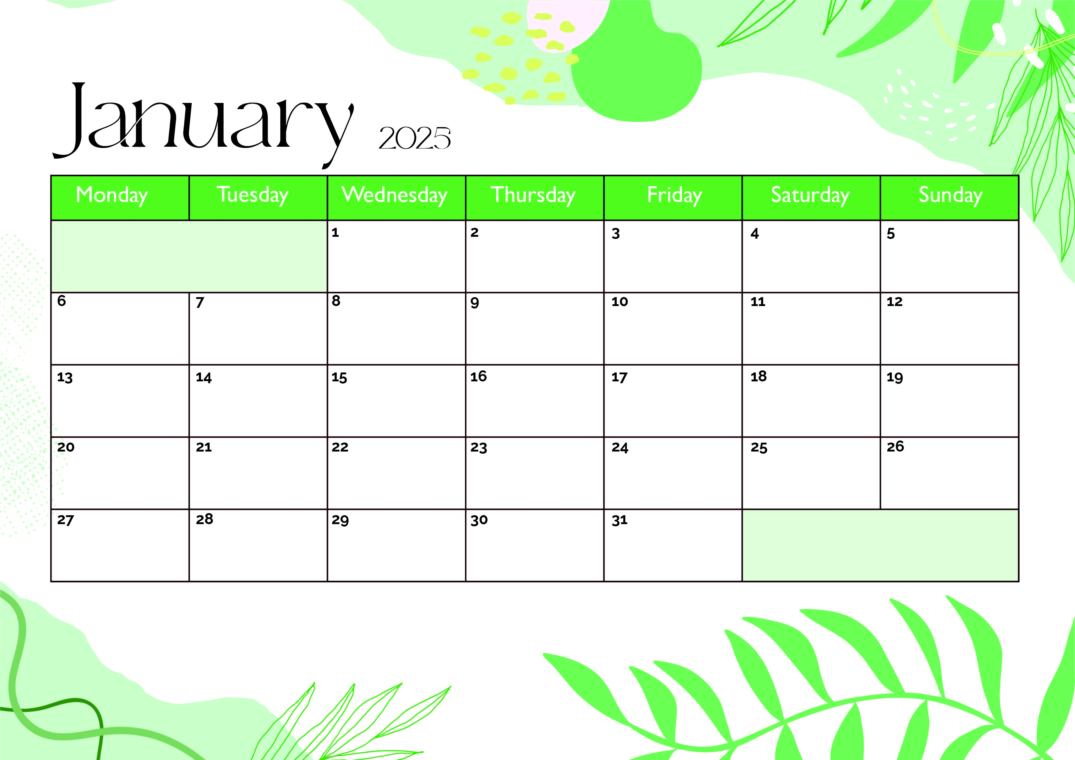 January 2025 Calendar for Printing in PDF