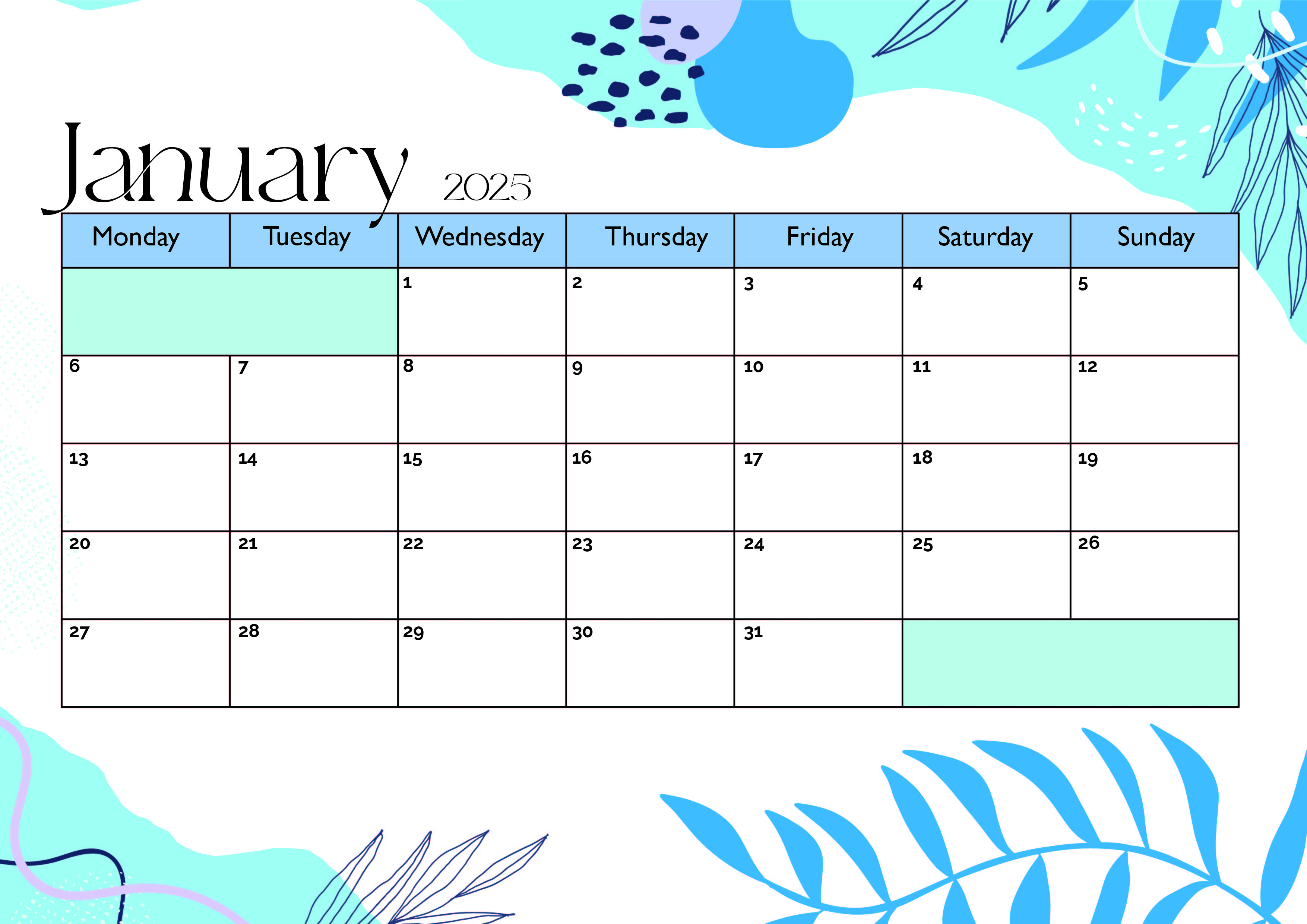 January 2025 Calendar for Printing