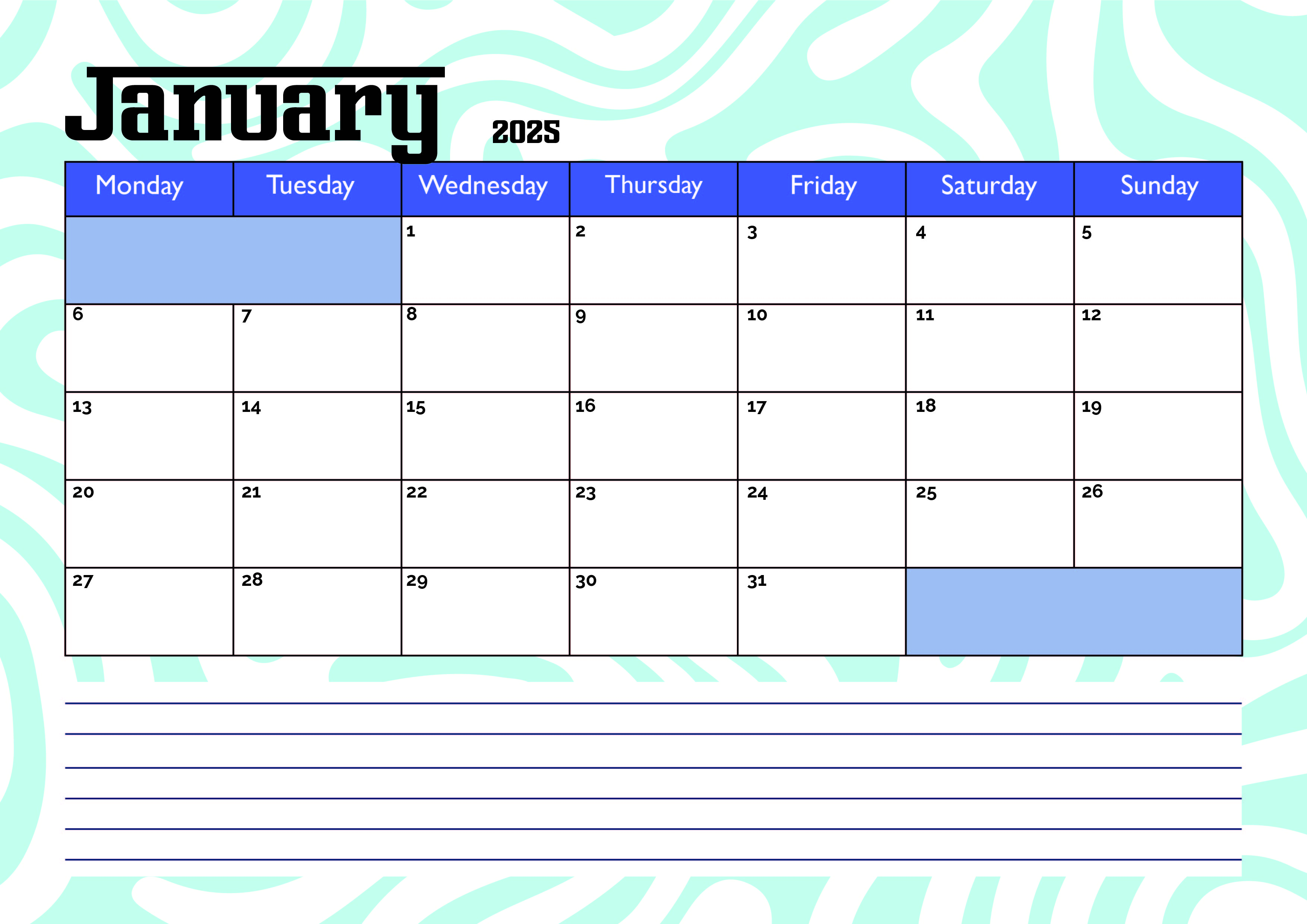 January 2025 Calendar for Printing