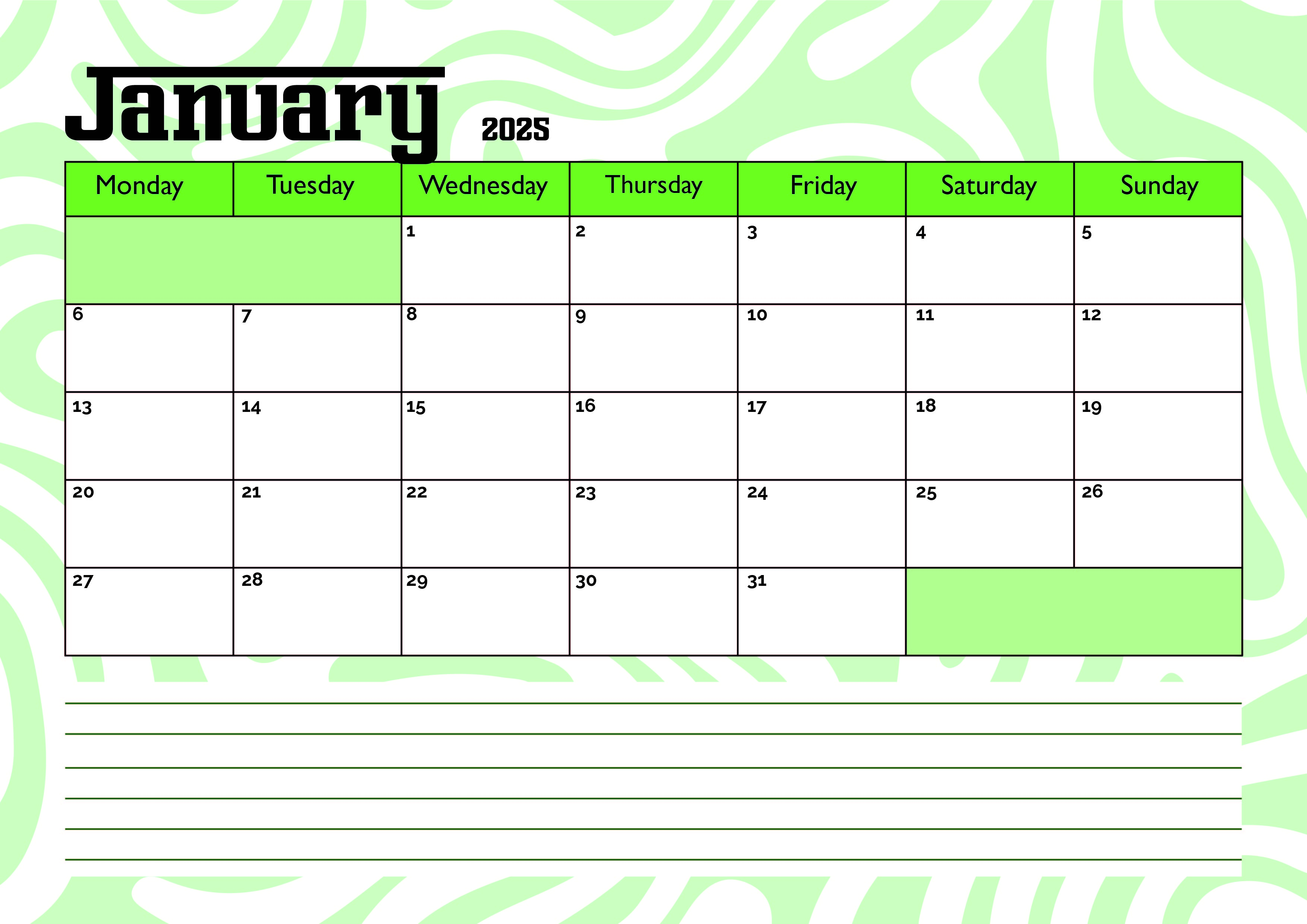 January 2025 Calendar for Printing