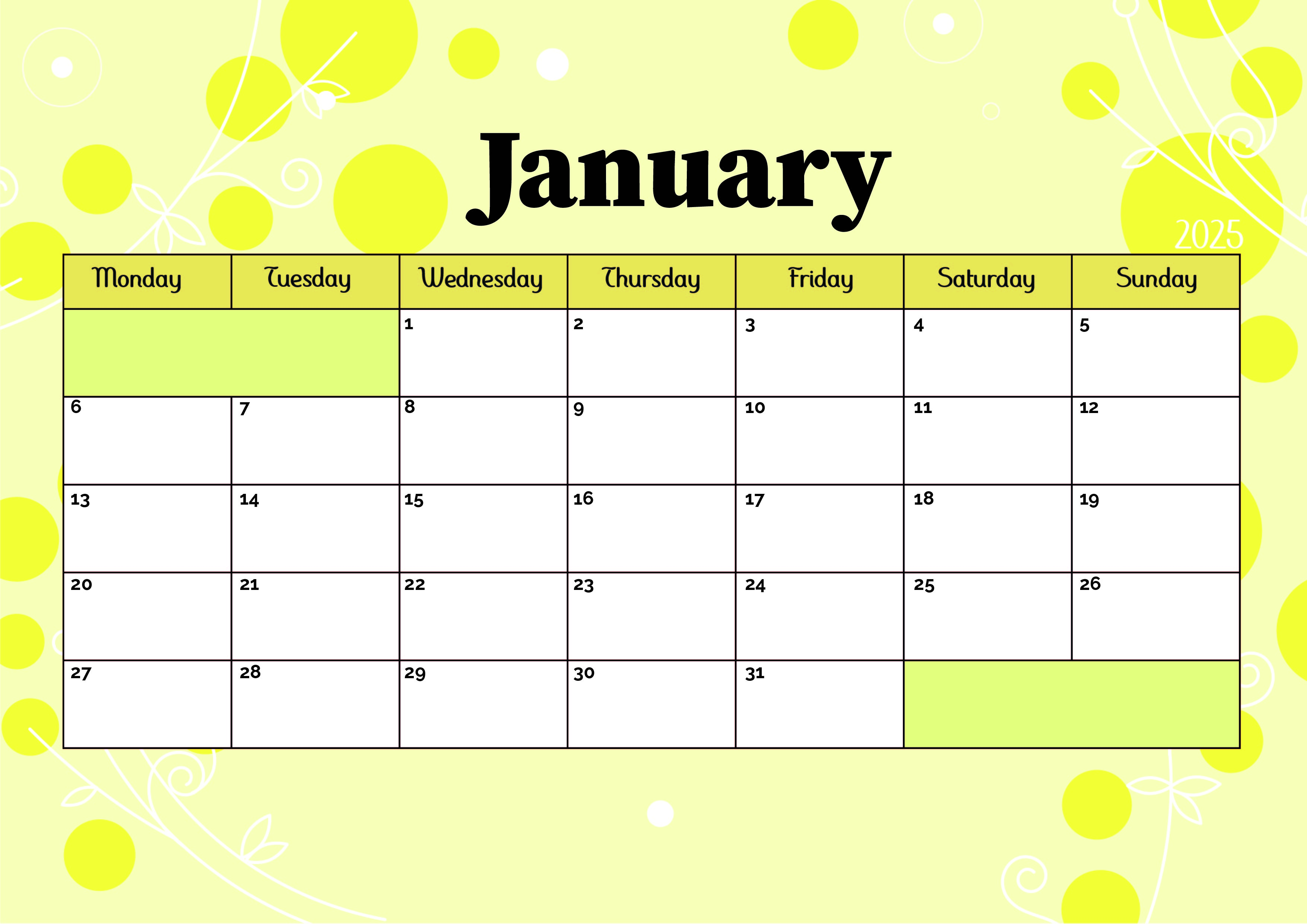 January 2025 Calendar for Printing in PDF