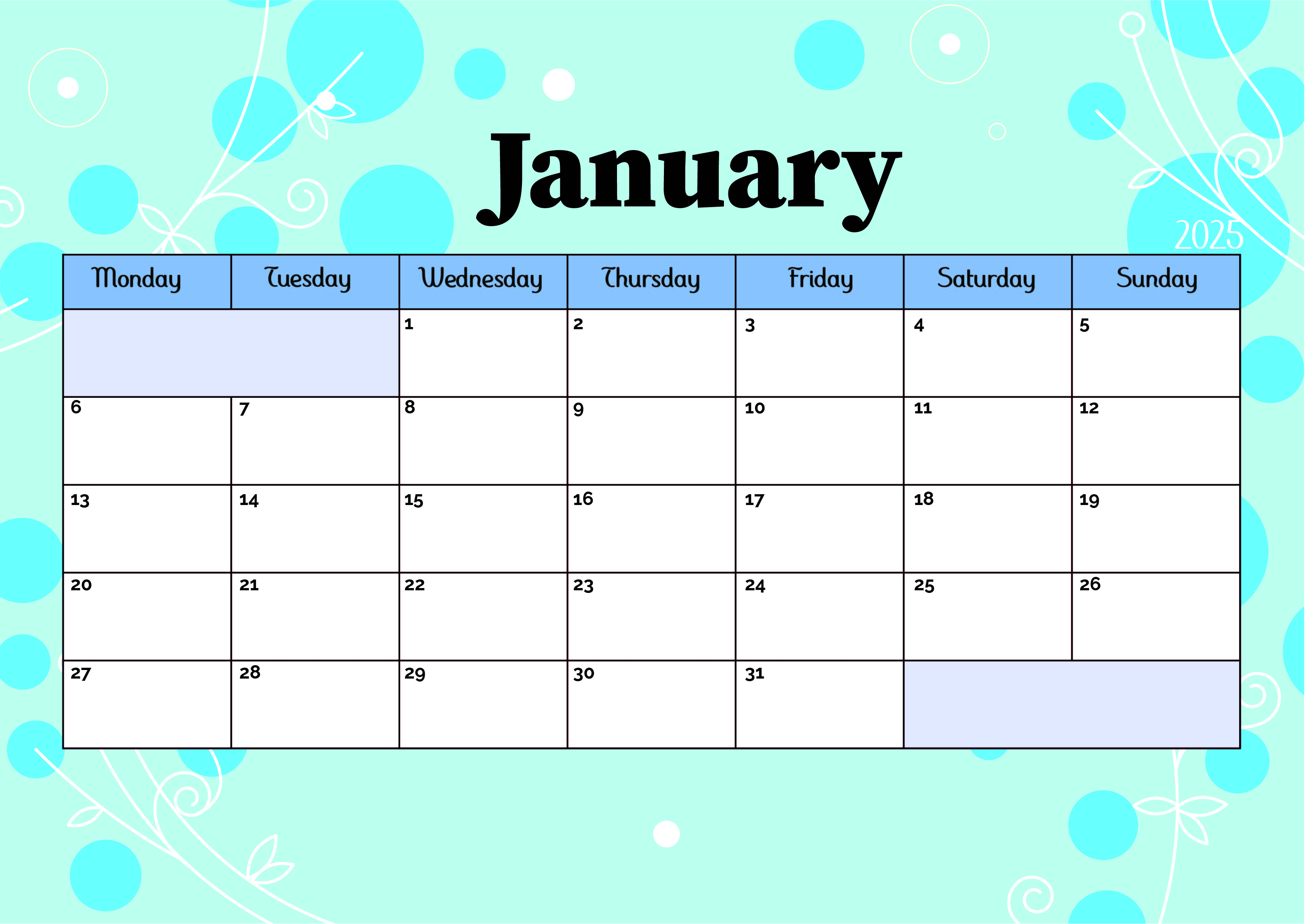 January 2025 Calendar for Printing in PDF