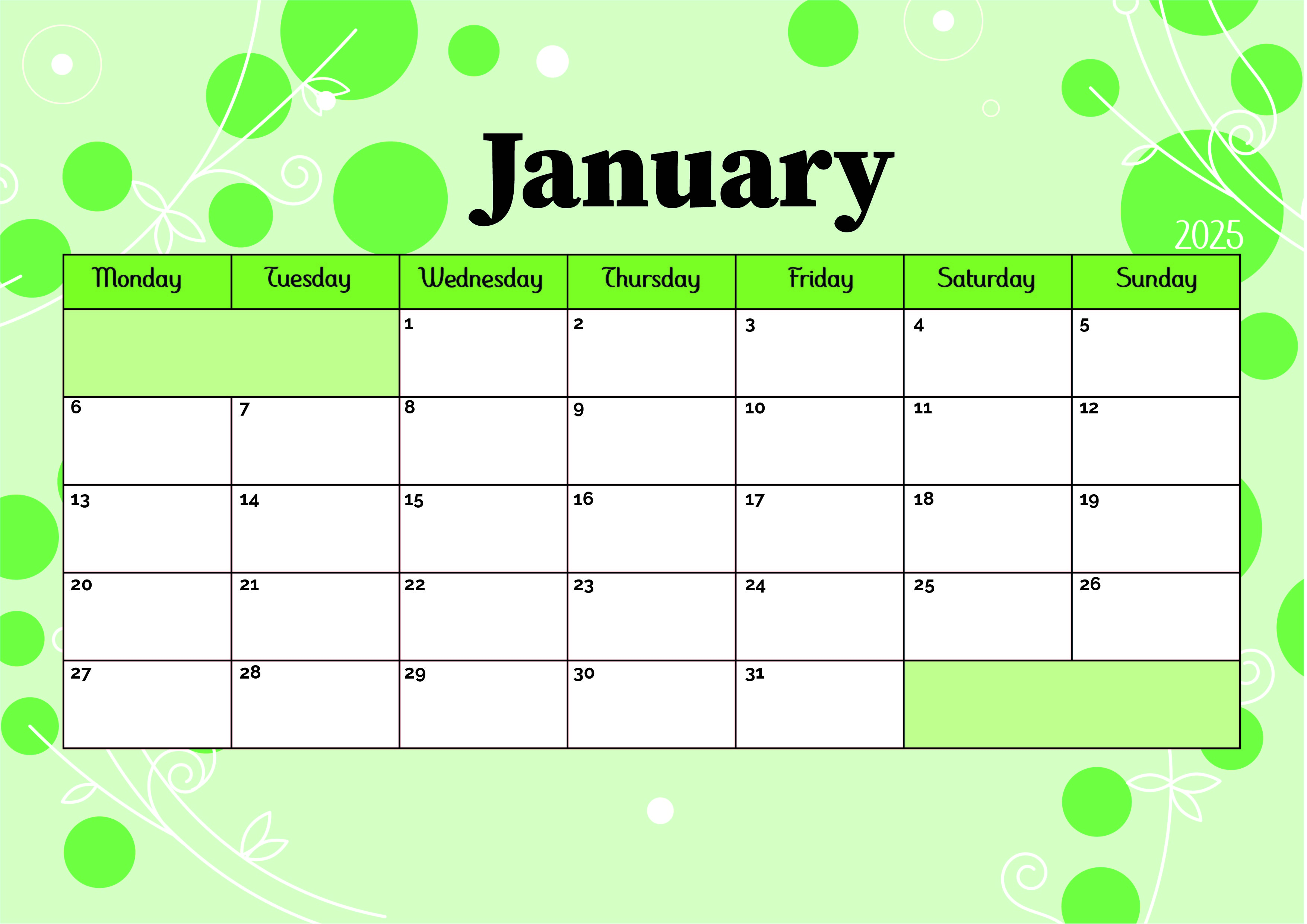 January 2025 Calendar for Printing in PDF