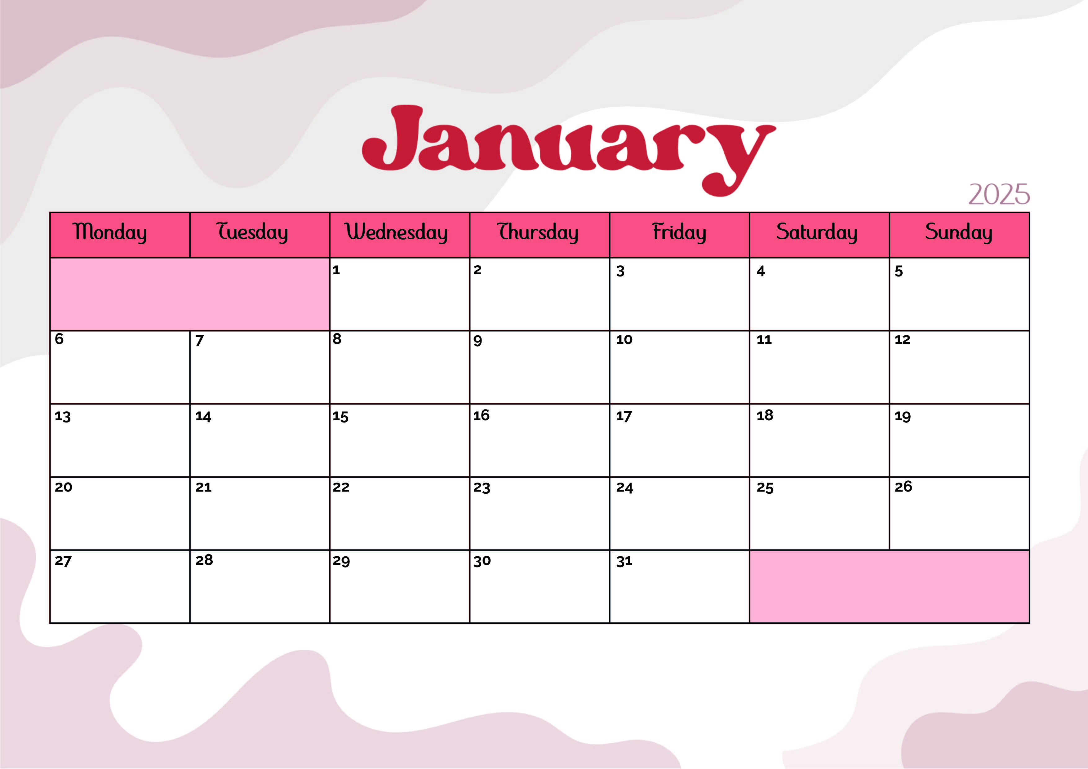 January 2025 Calendar for Printing in PDF