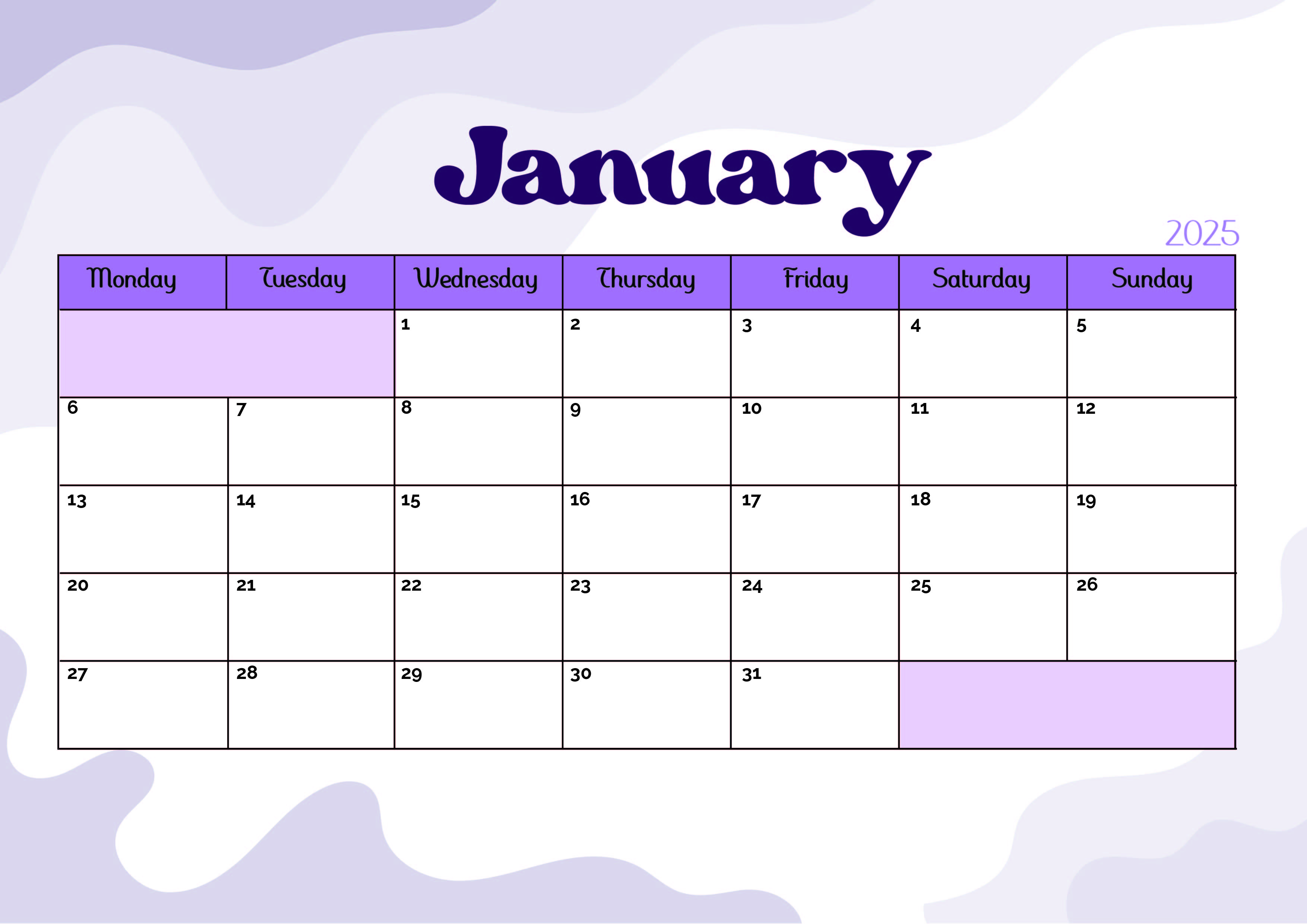 January 2025 Calendar for Printing in PDF