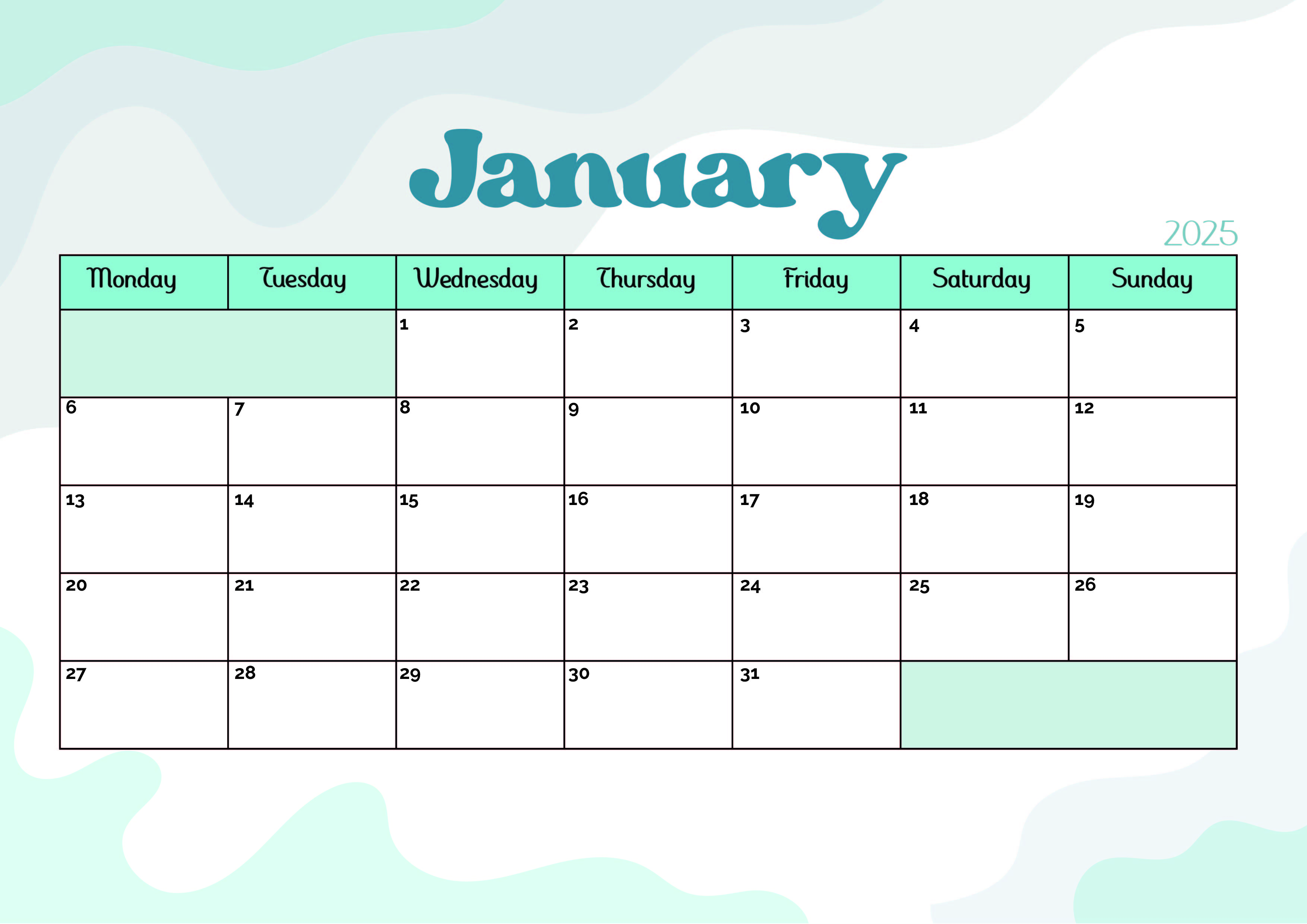 January 2025 Calendar for Printing