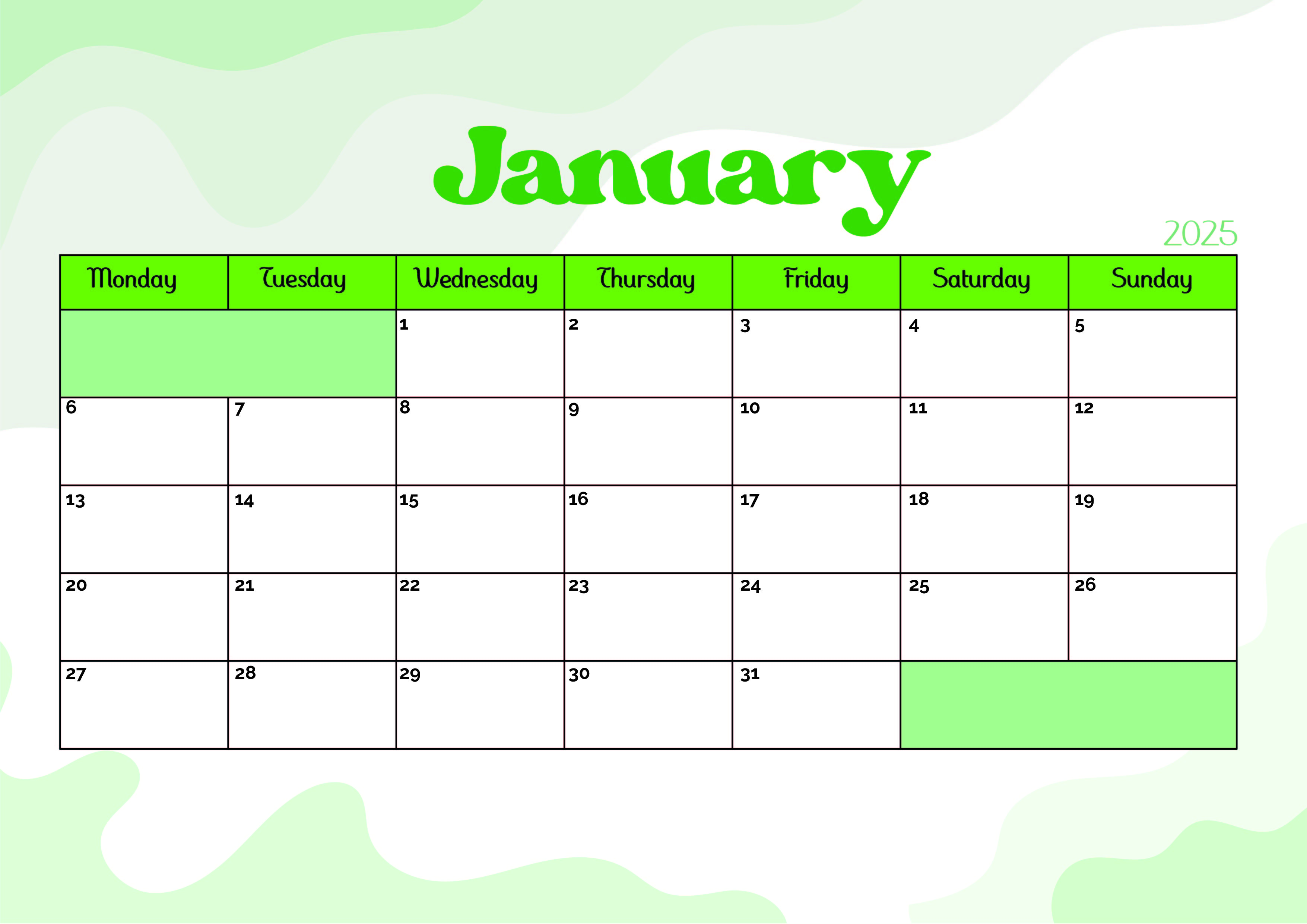 January 2025 Calendar for Printing in PDF