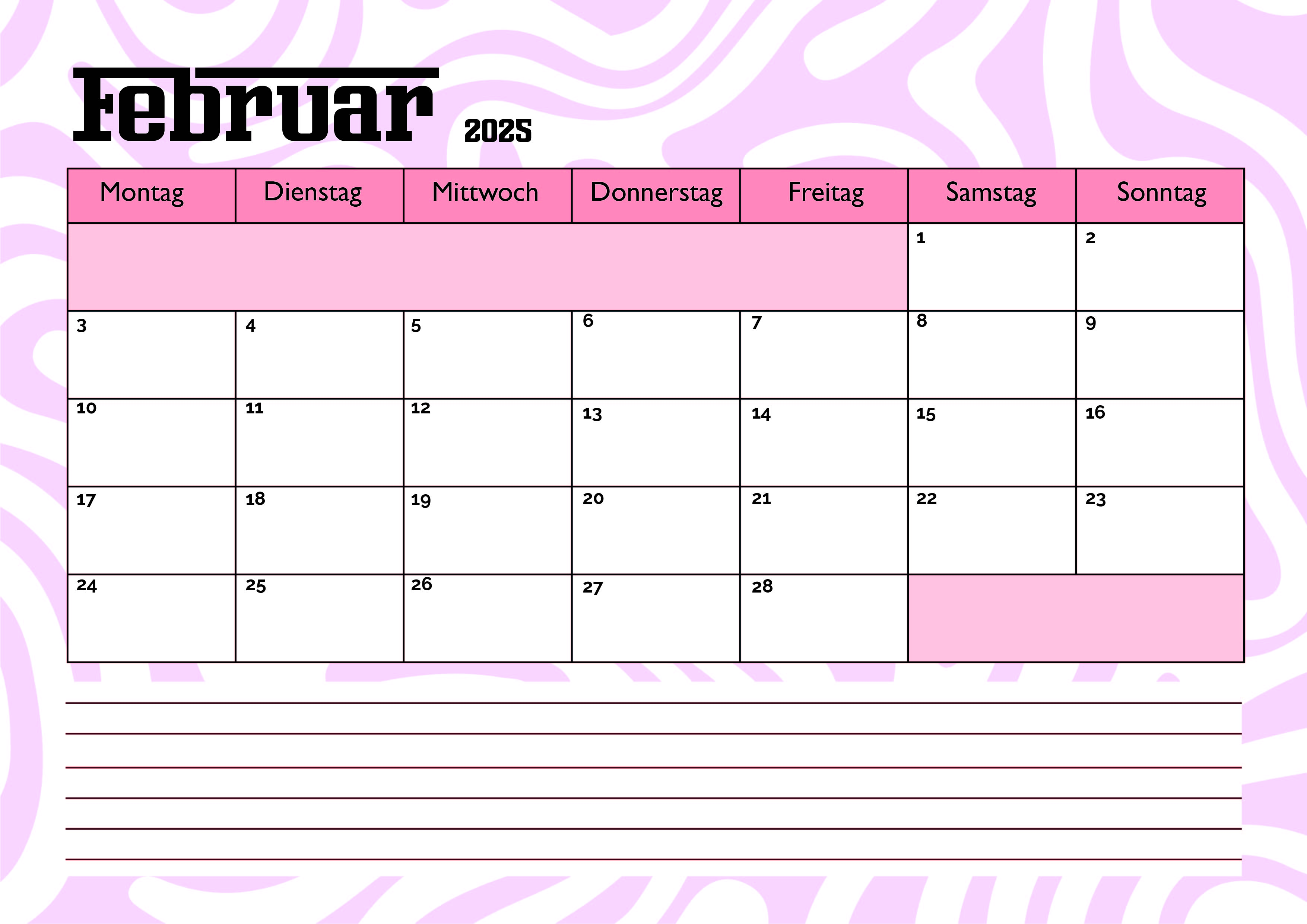 Februar 2025 Kalender zum Ausdrucken im PDF-Format