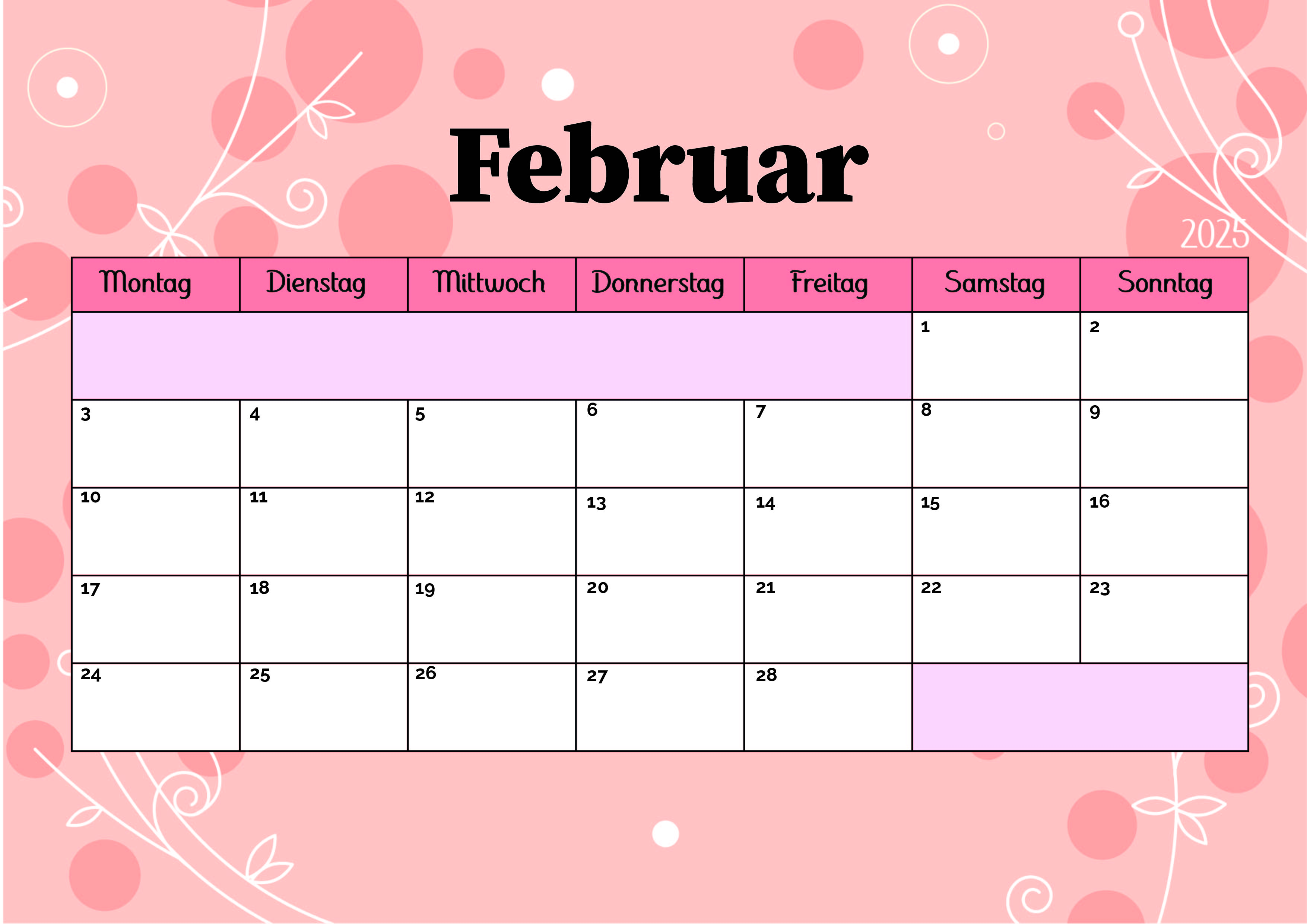 Februar 2025 Kalender zum Ausdrucken im PDF-Format