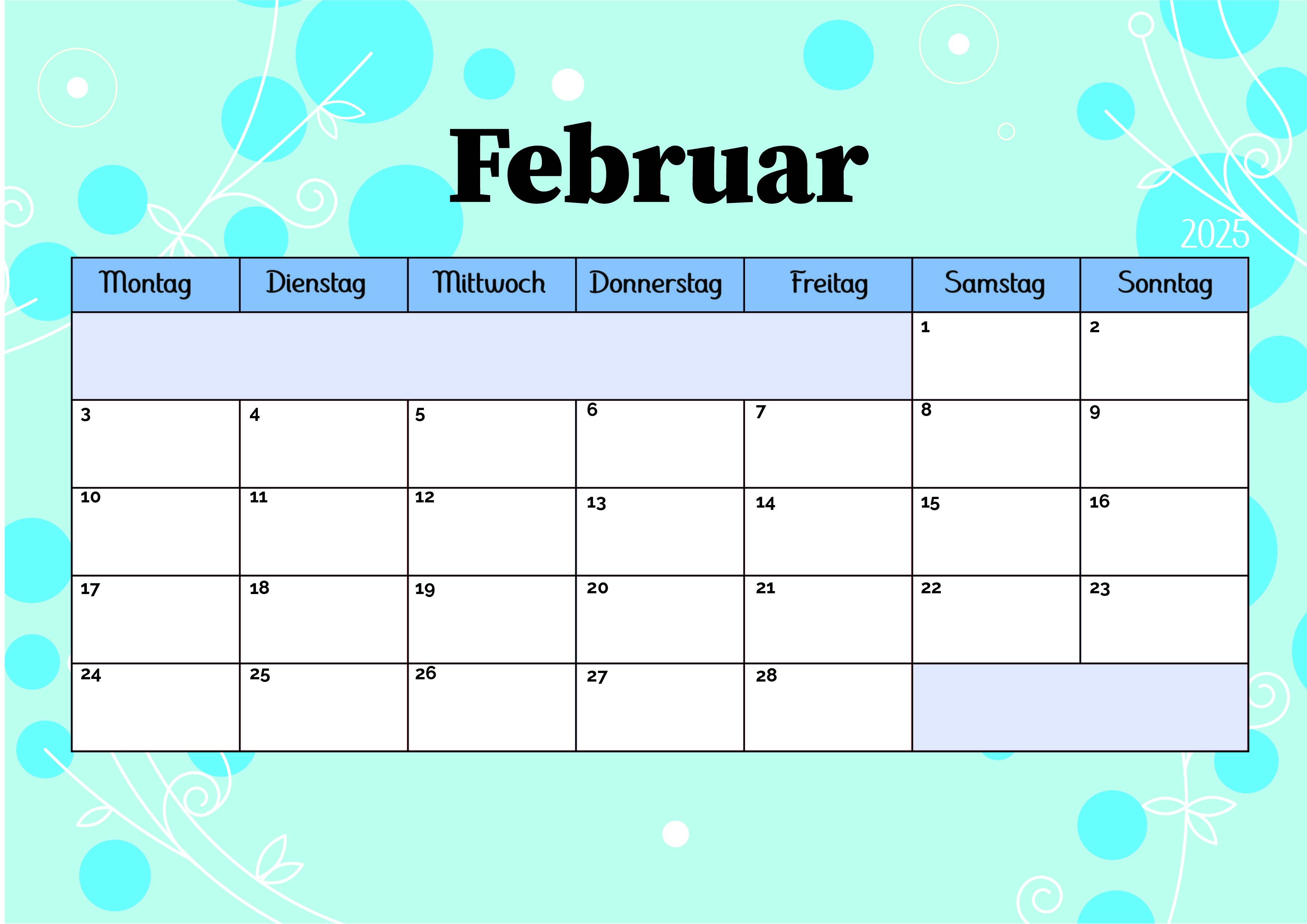 Februar 2025 Kalender zum Ausdrucken im PDF-Format