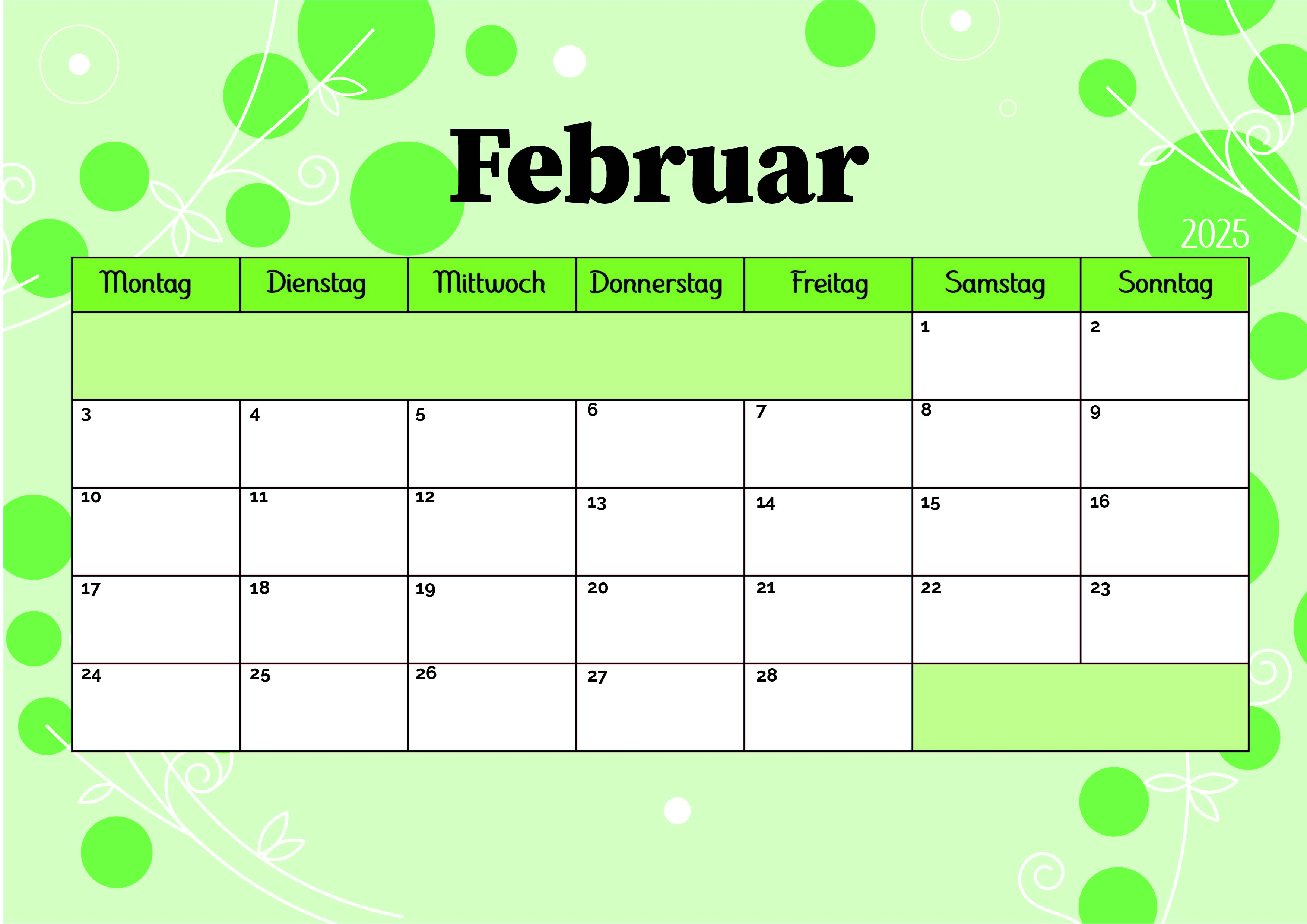 Februar 2025 Kalender zum Ausdrucken im PDF-Format