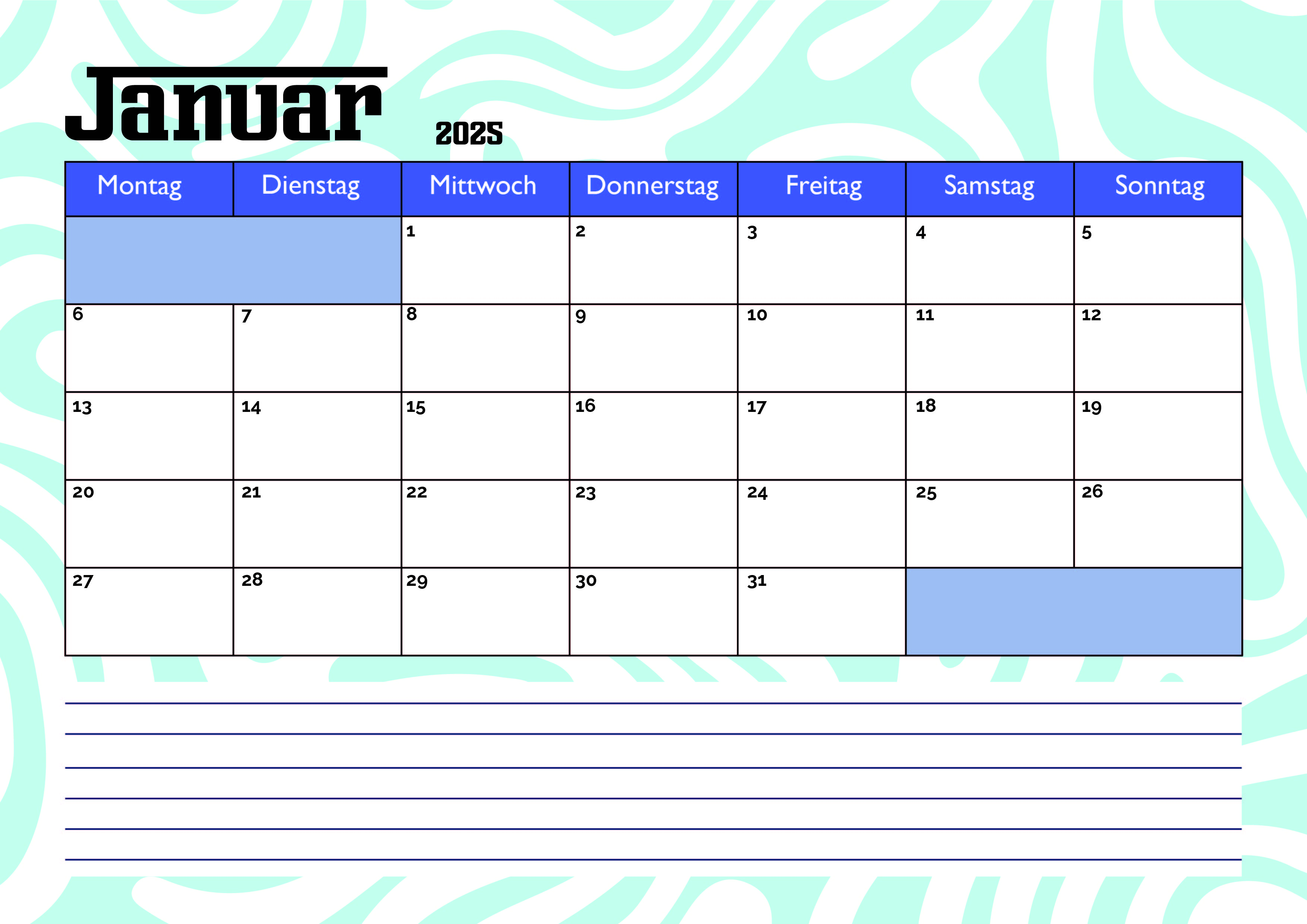 Kalender Januar 2025 zum Ausdrucken