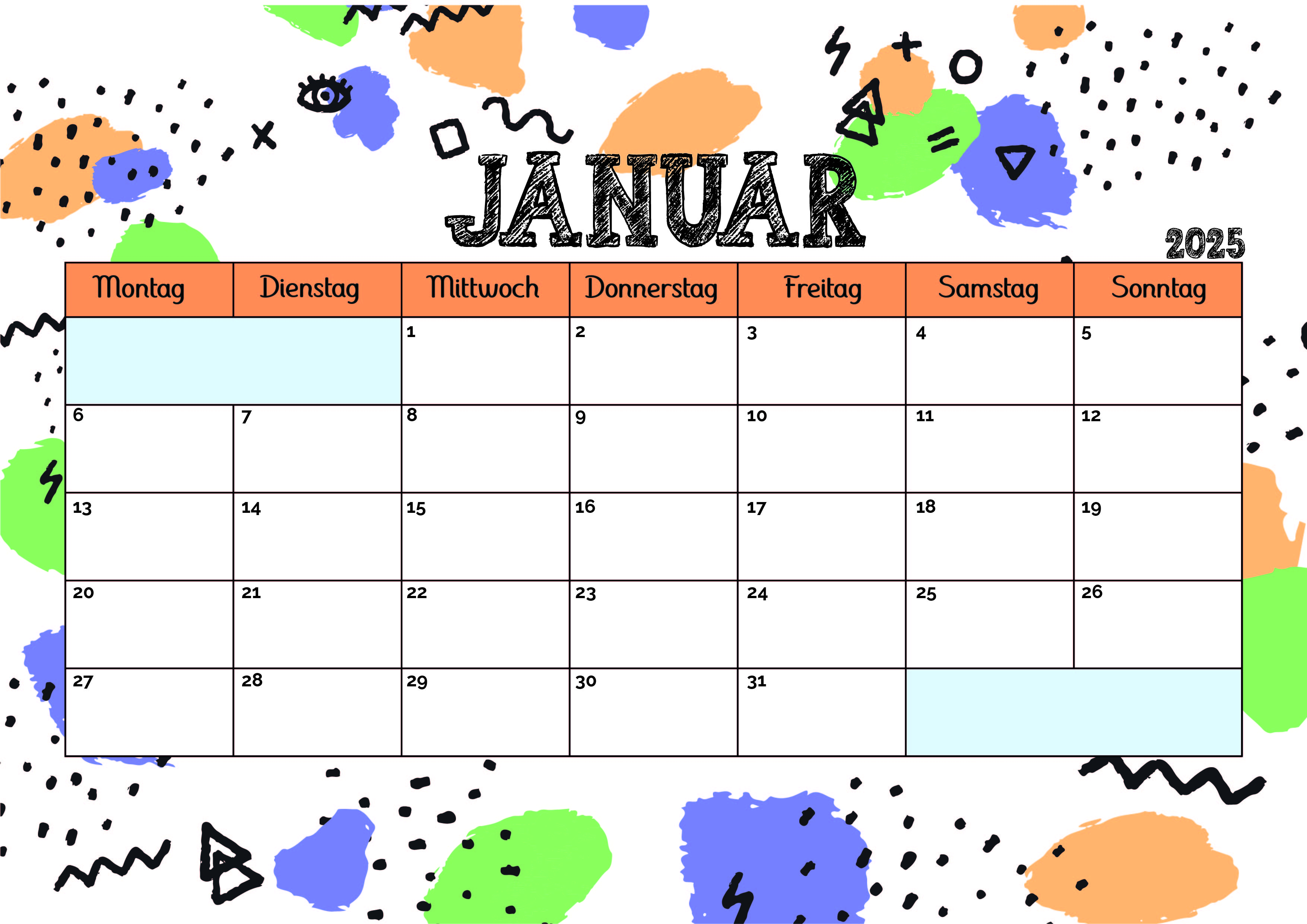 Kalender Januar 2025 zum Ausdrucken