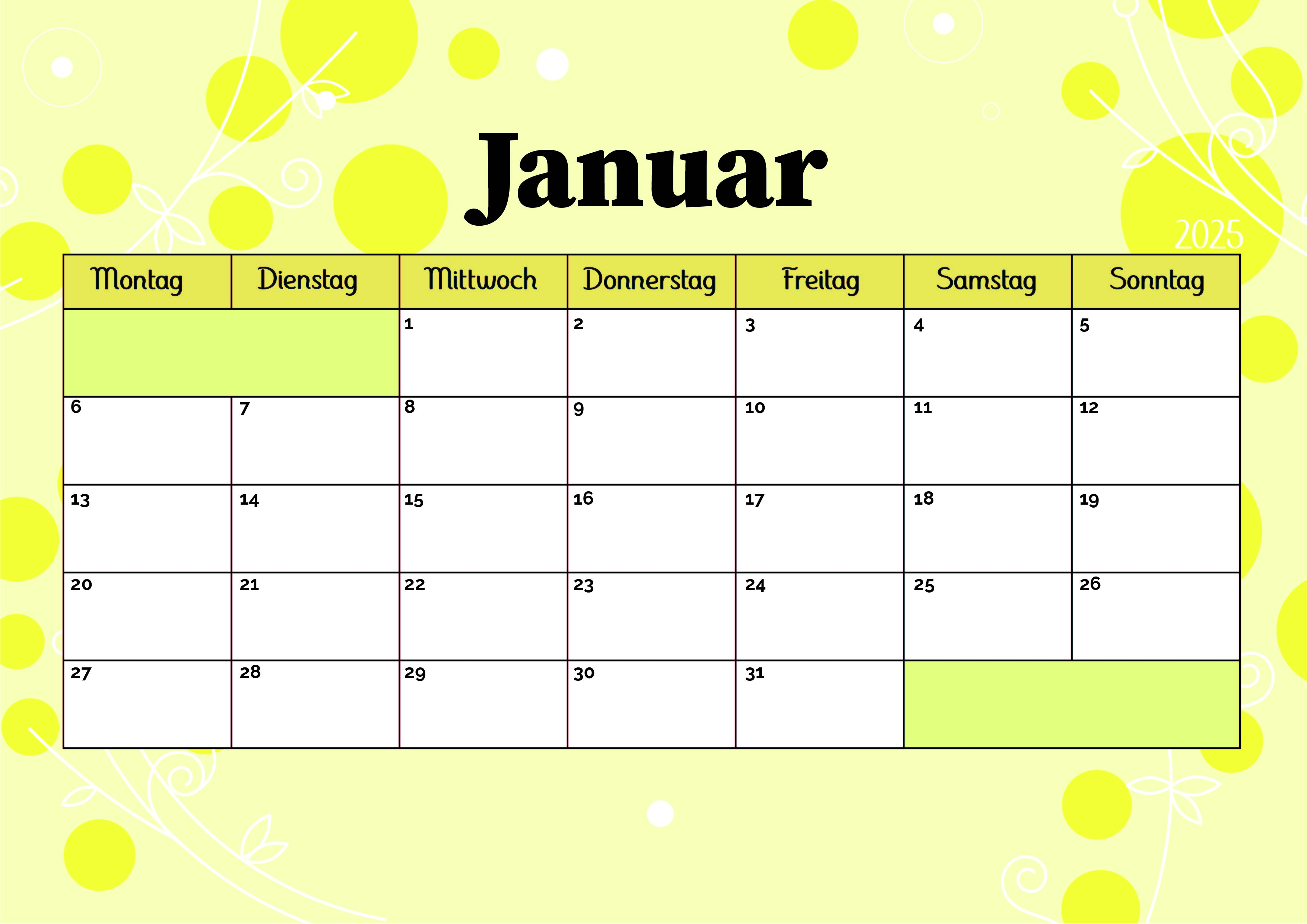 Kalender Januar 2025 zum Ausdrucken