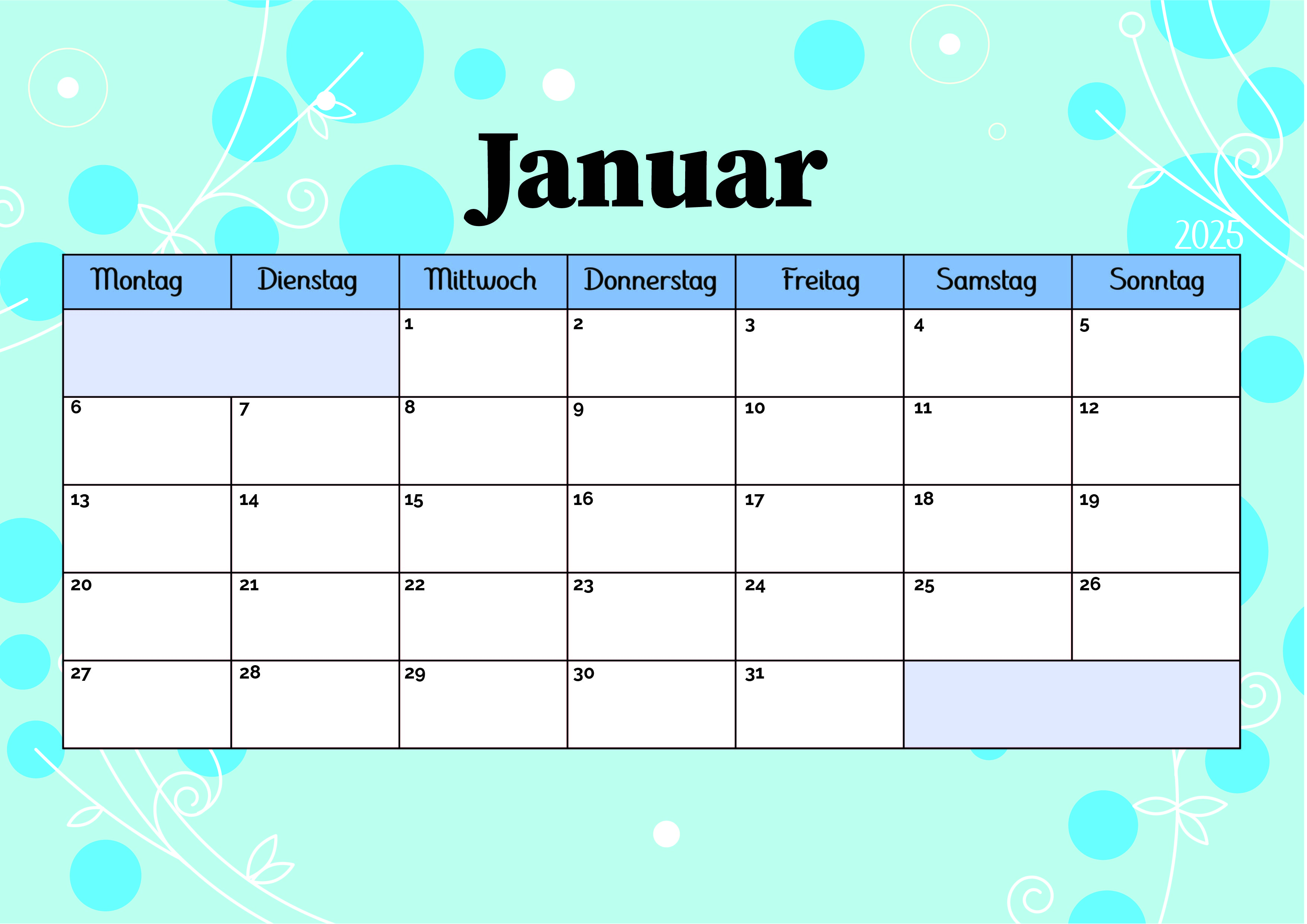 Kalender Januar 2025 zum Ausdrucken