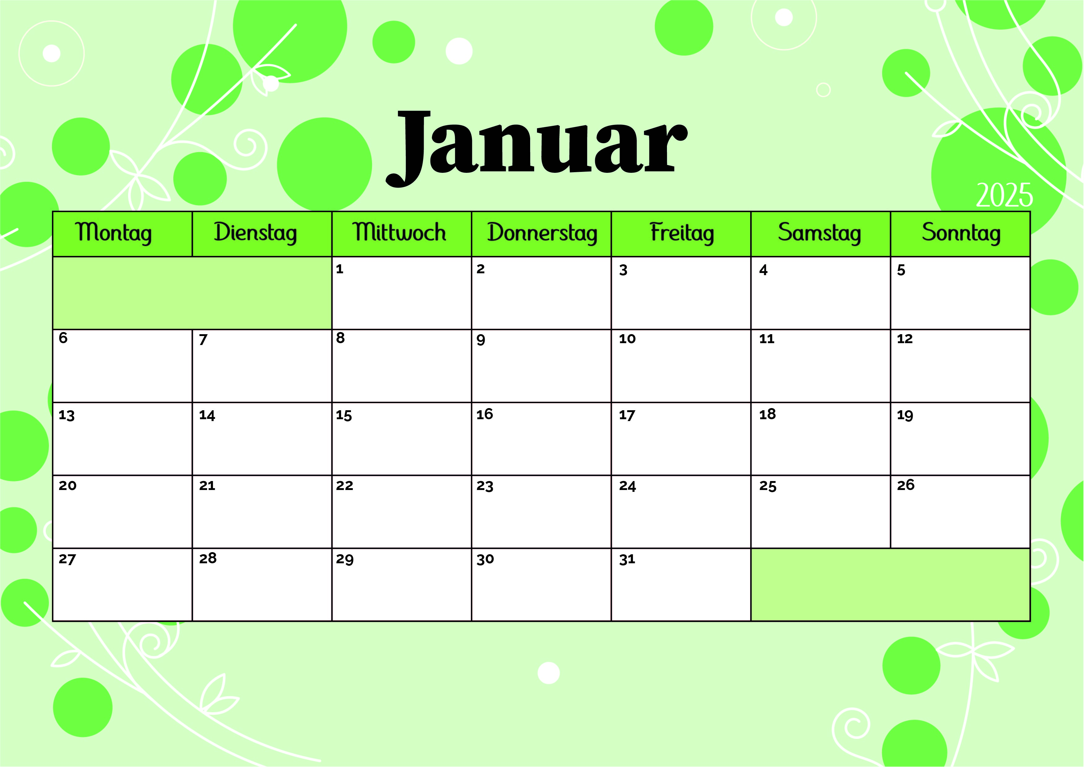 Januar 2025 Kalender zum Ausdrucken im PDF-Format