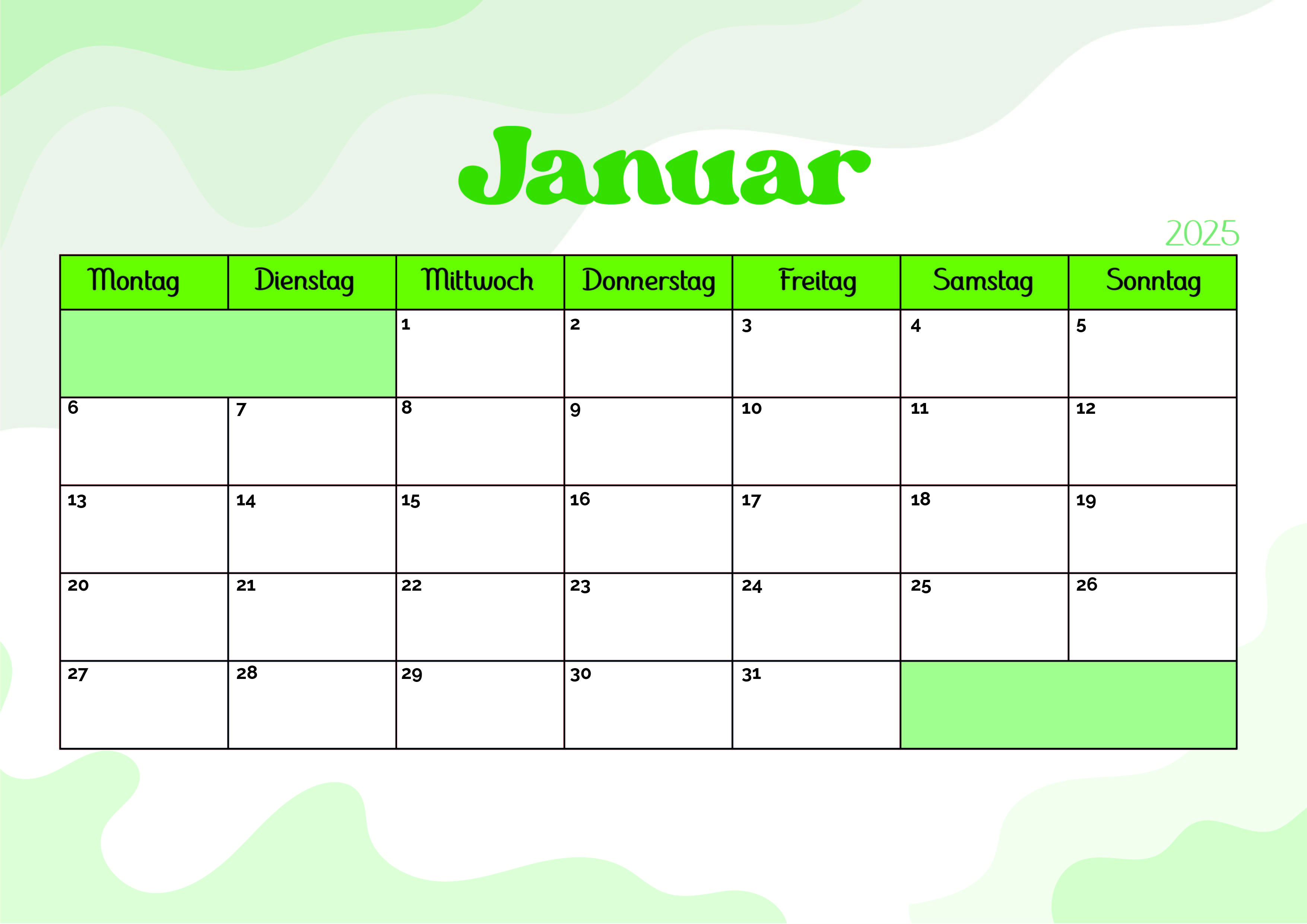 Kalender Januar 2025 zum Ausdrucken