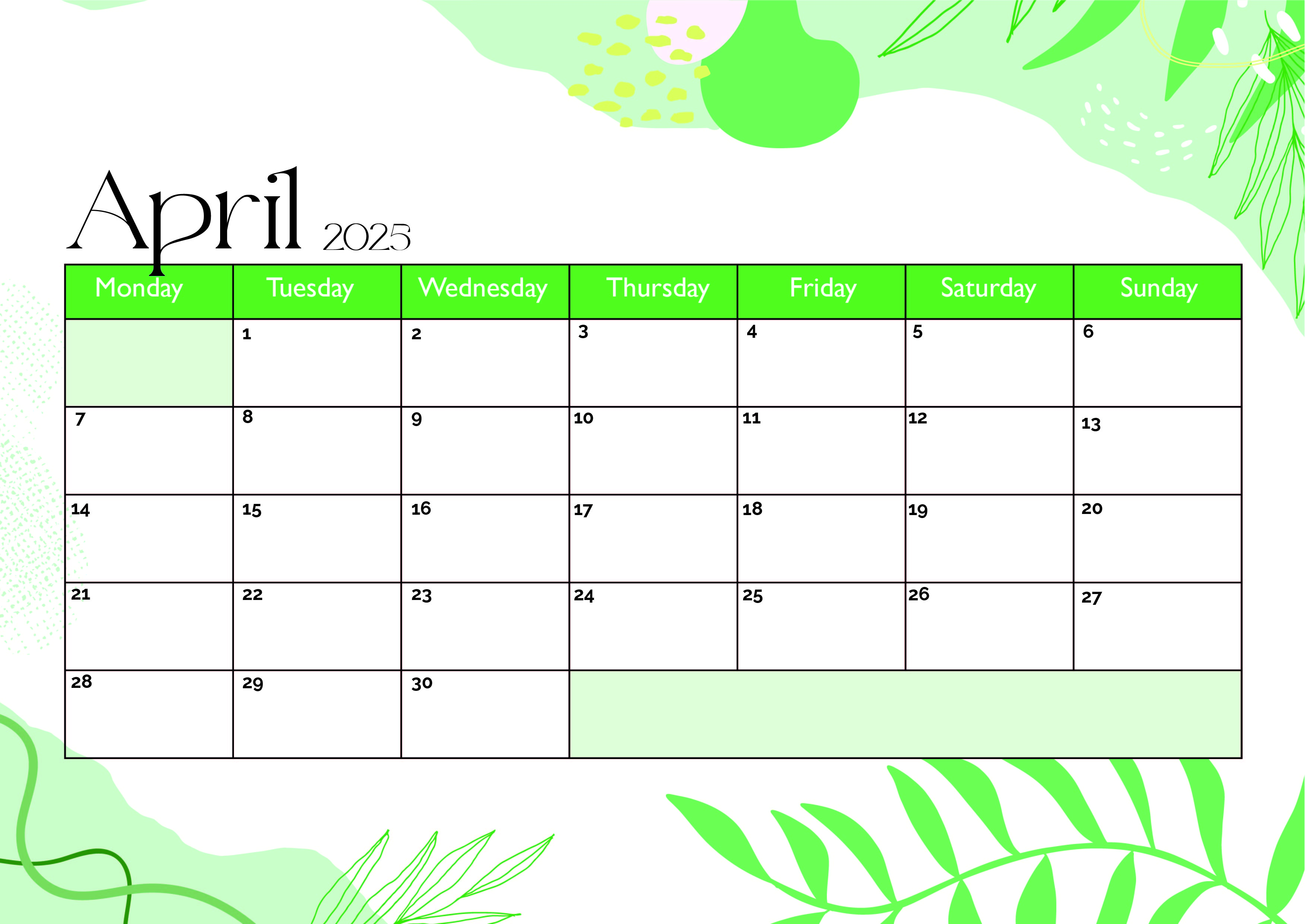 April 2025 Calendar for Printing in PDF