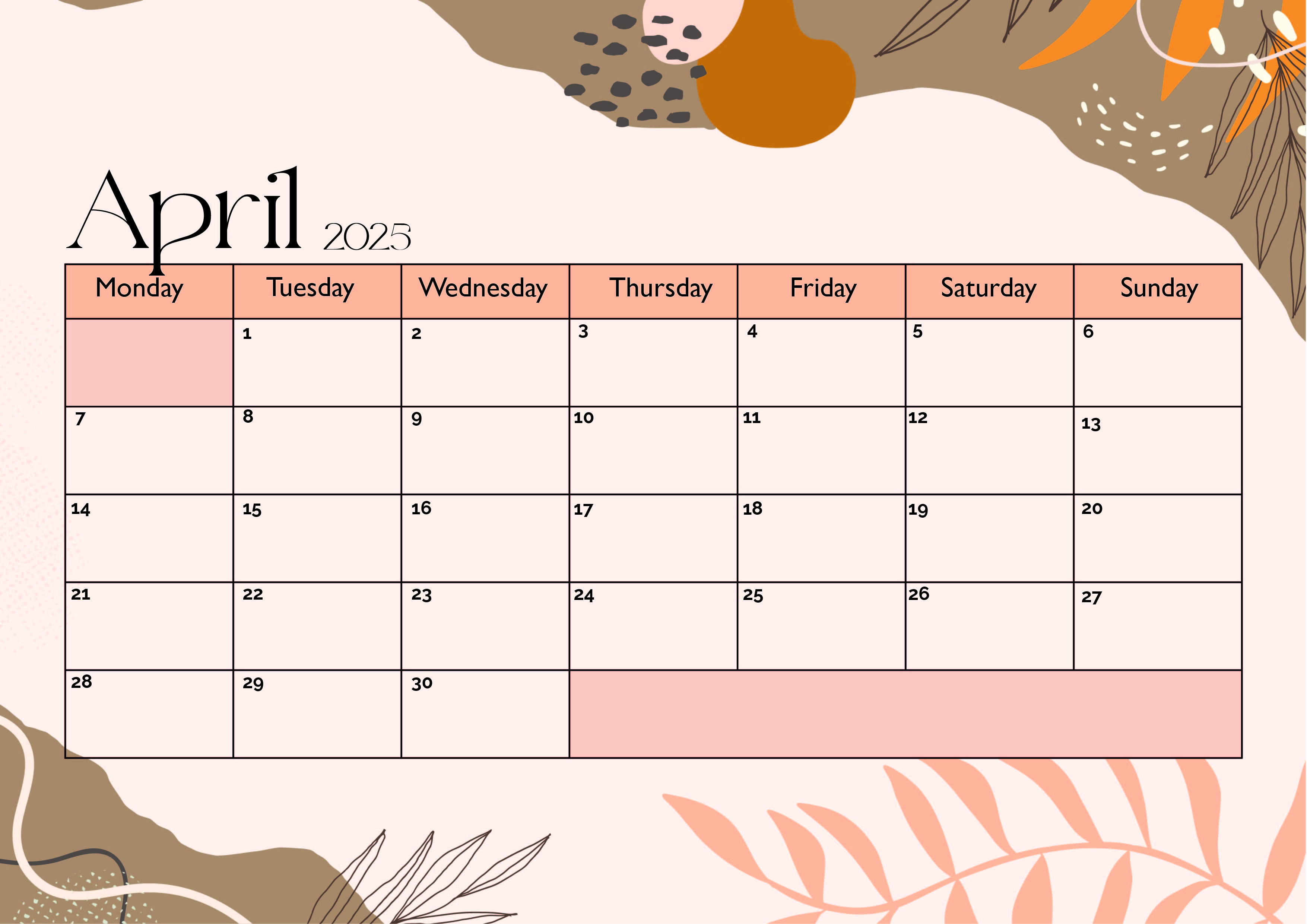 April 2025 Calendar for Printing in PDF