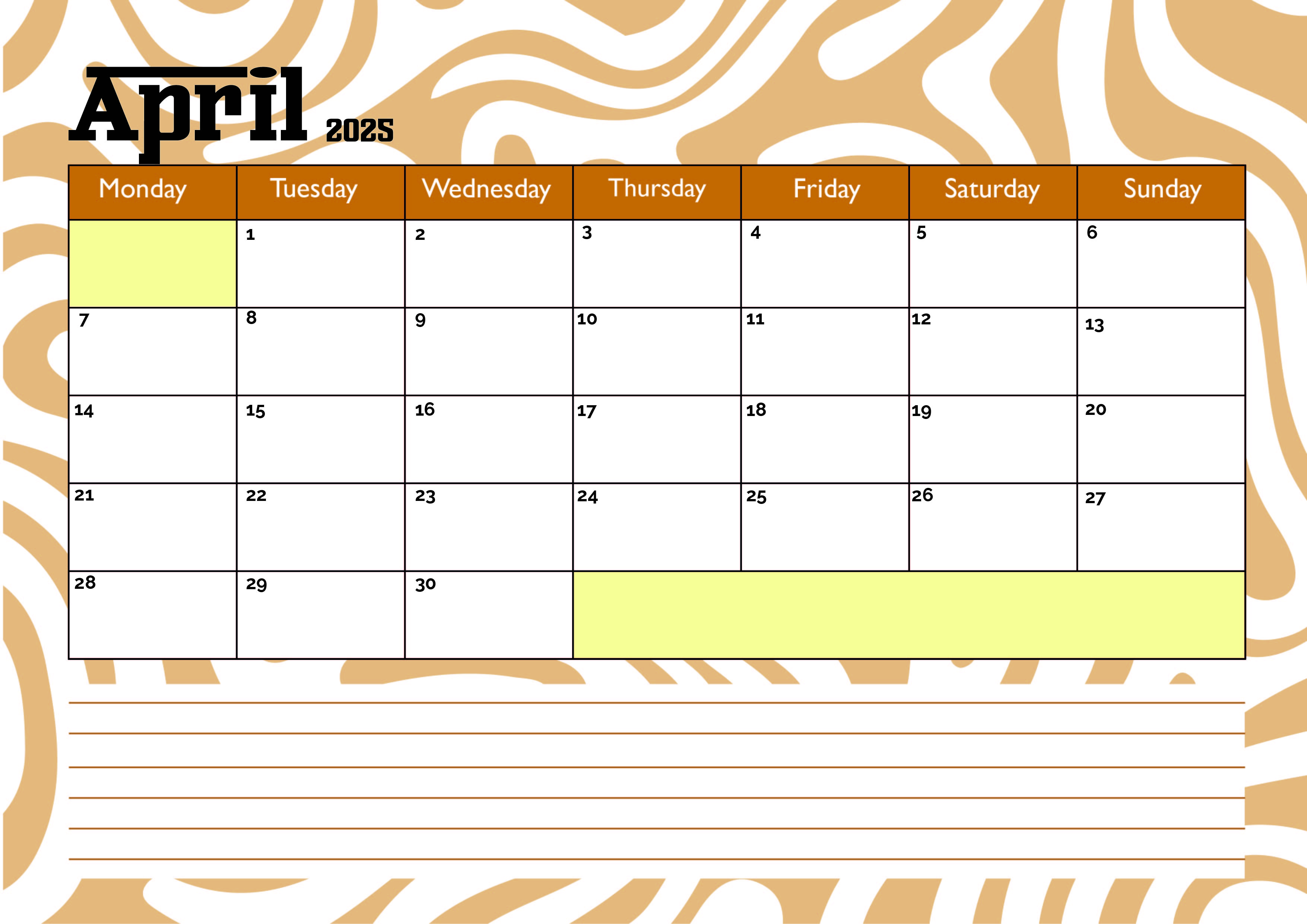 April 2025 Calendar for Printing in PDF