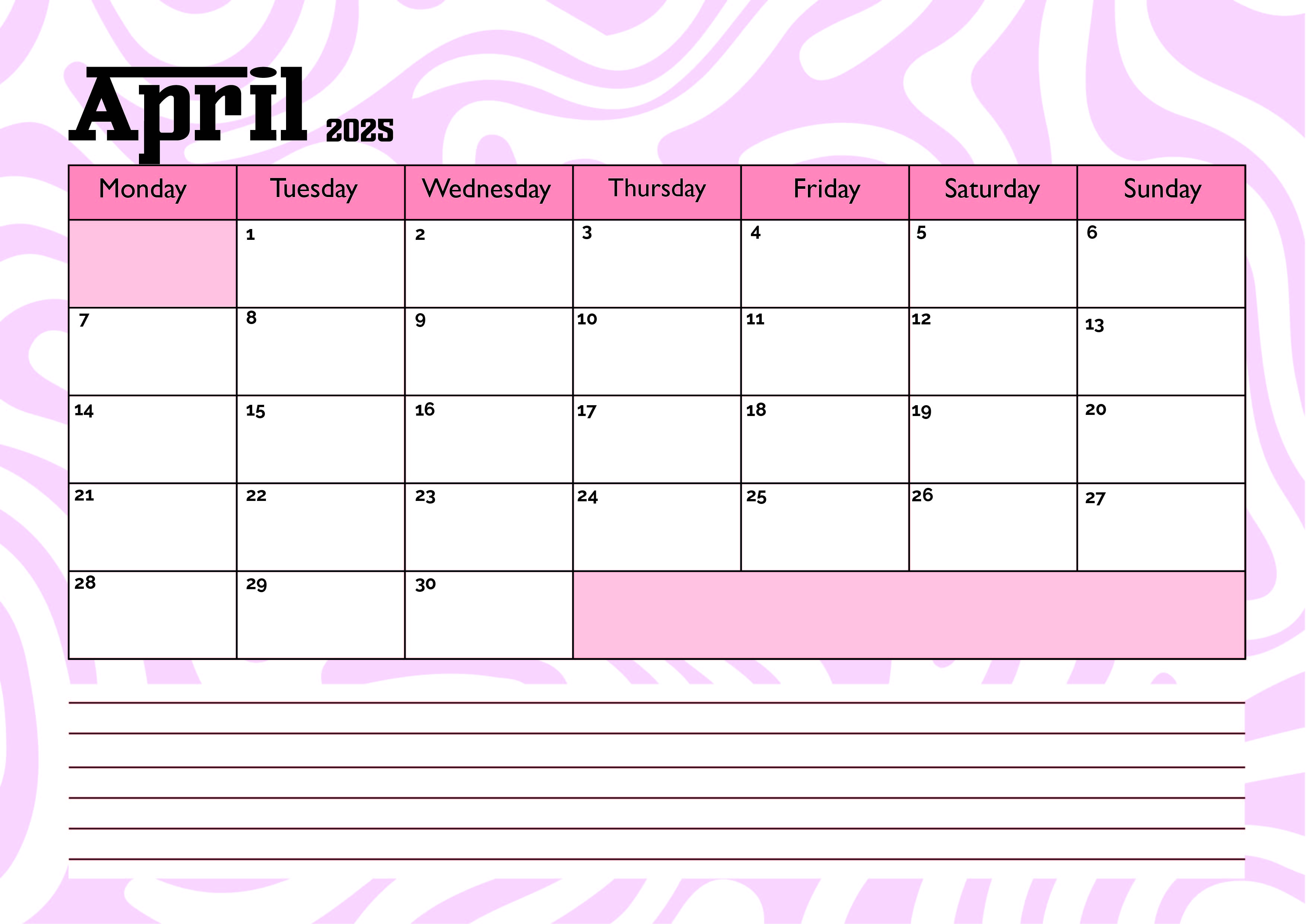 April 2025 Calendar for Printing in PDF