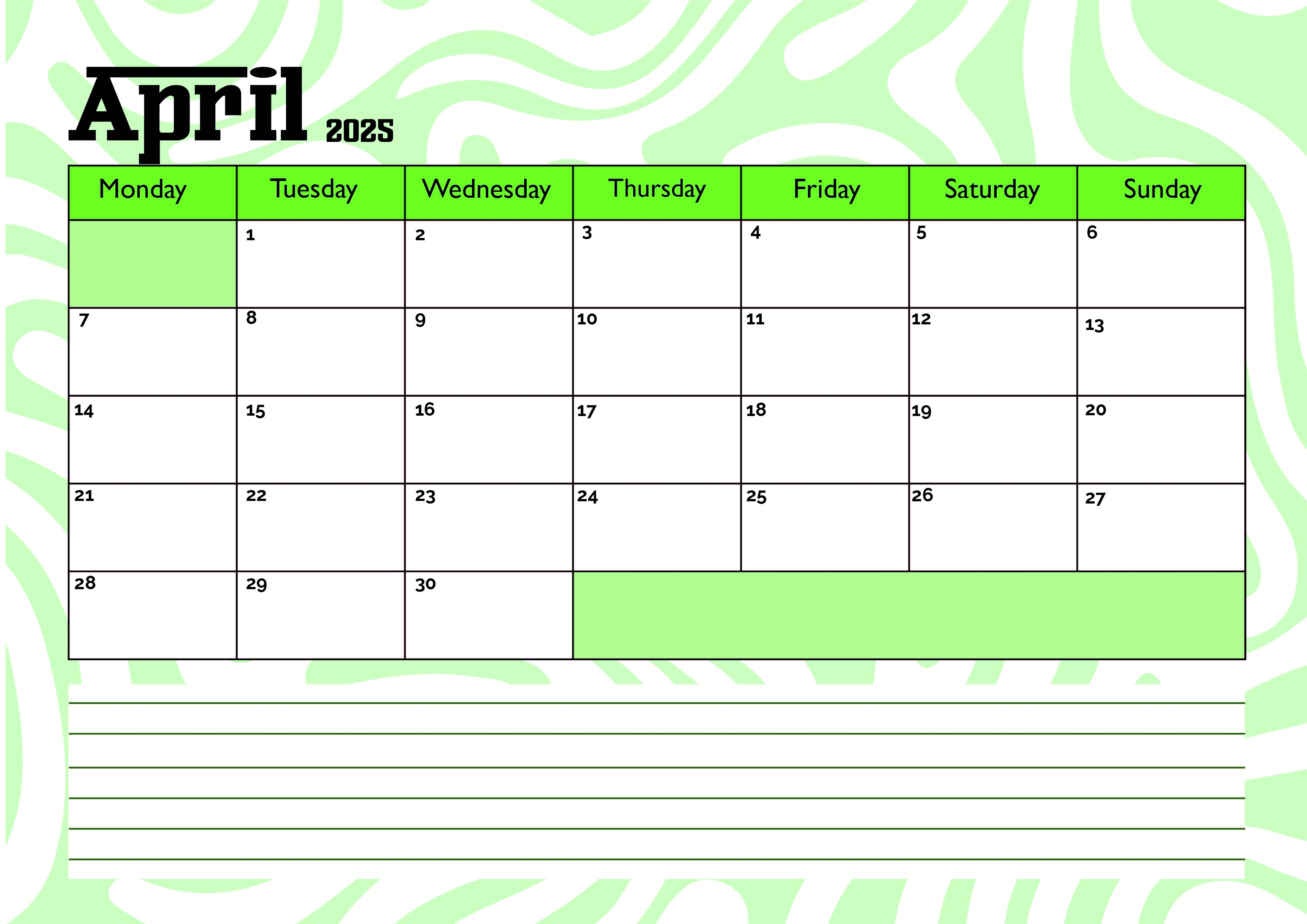 April 2025 Calendar for Printing in PDF