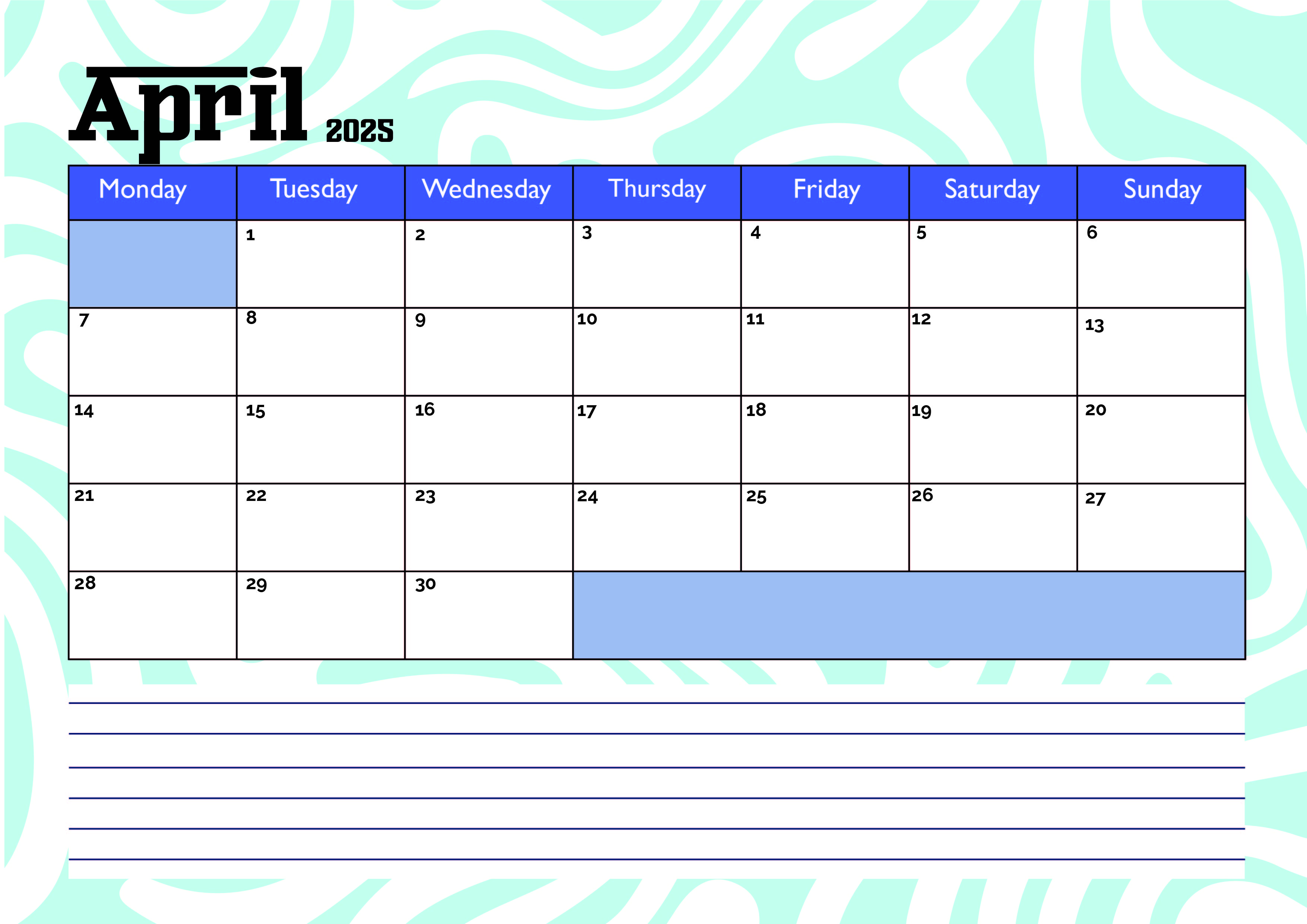 April 2025 Calendar for Printing in PDF