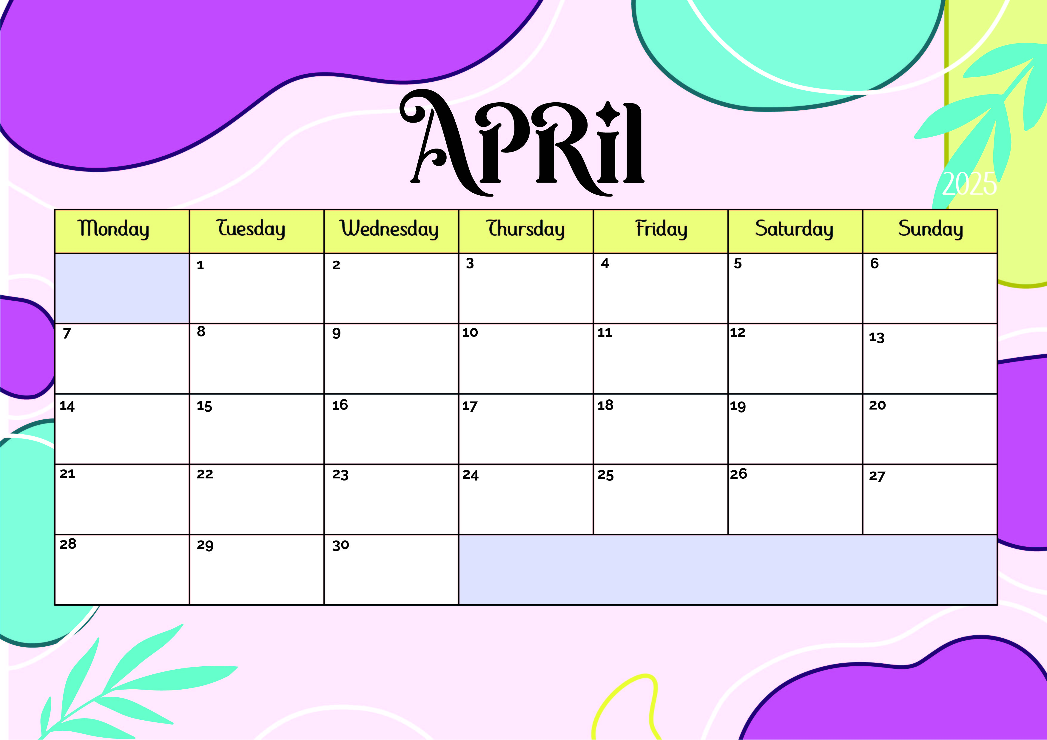 April 2025 Calendar for Printing in PDF