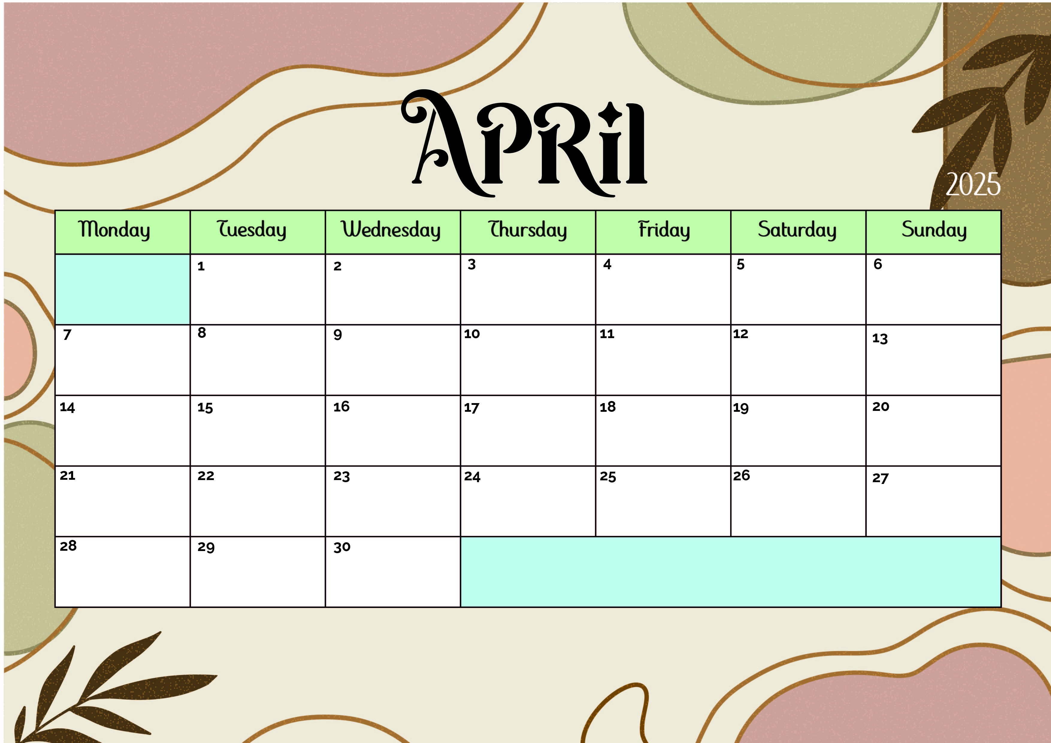 April 2025 Calendar for Printing in PDF