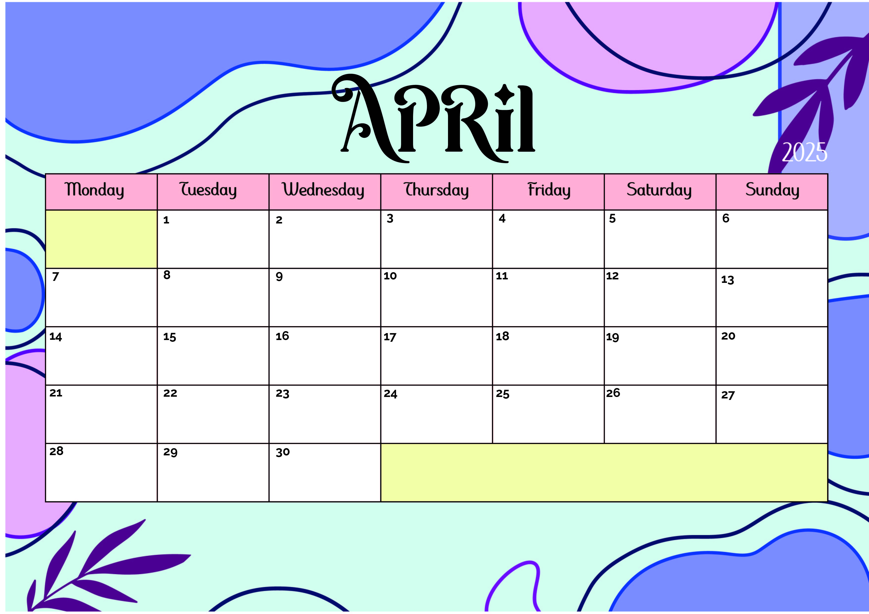 April 2025 Calendar for Printing in PDF