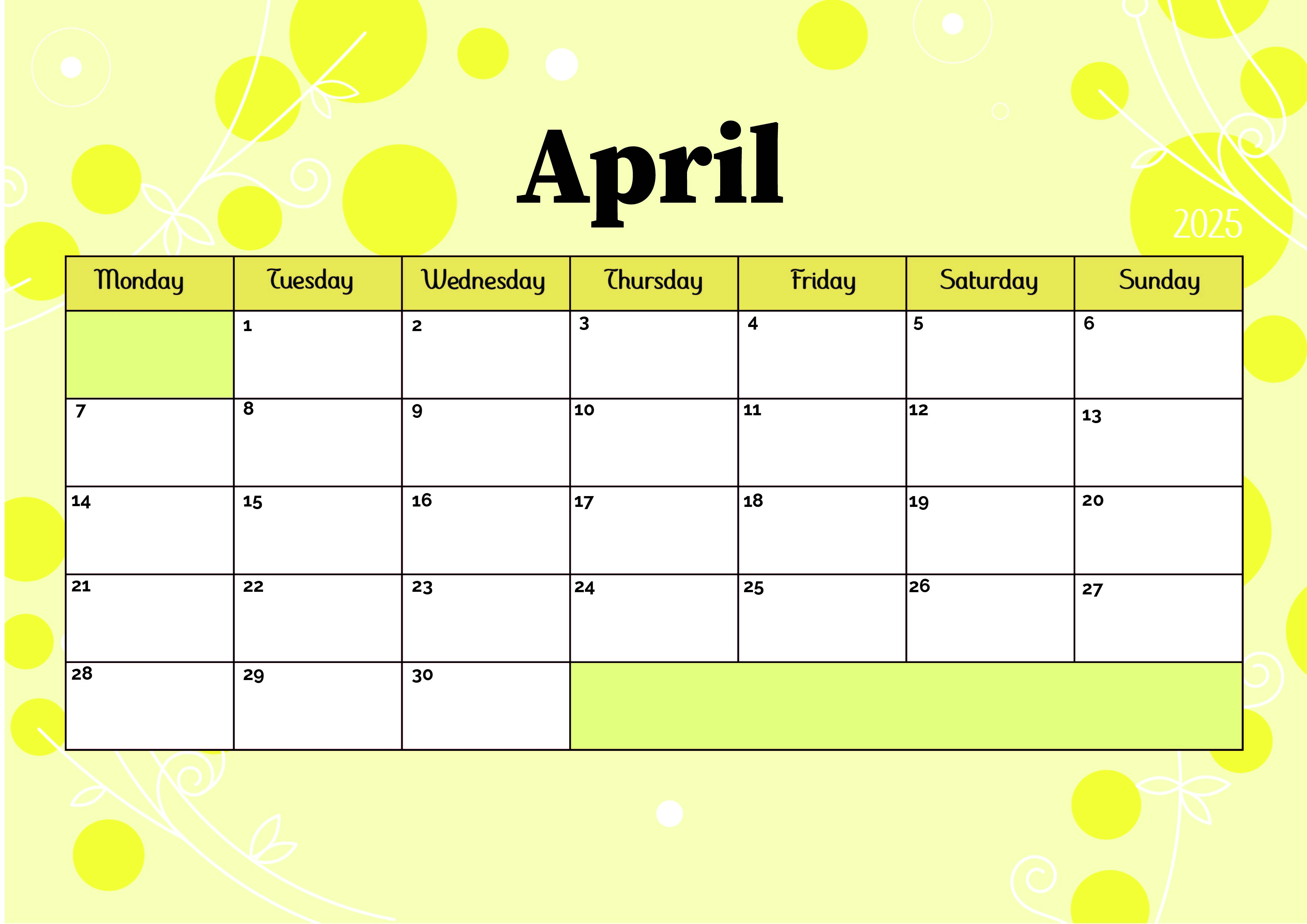 April 2025 Calendar for Printing in PDF